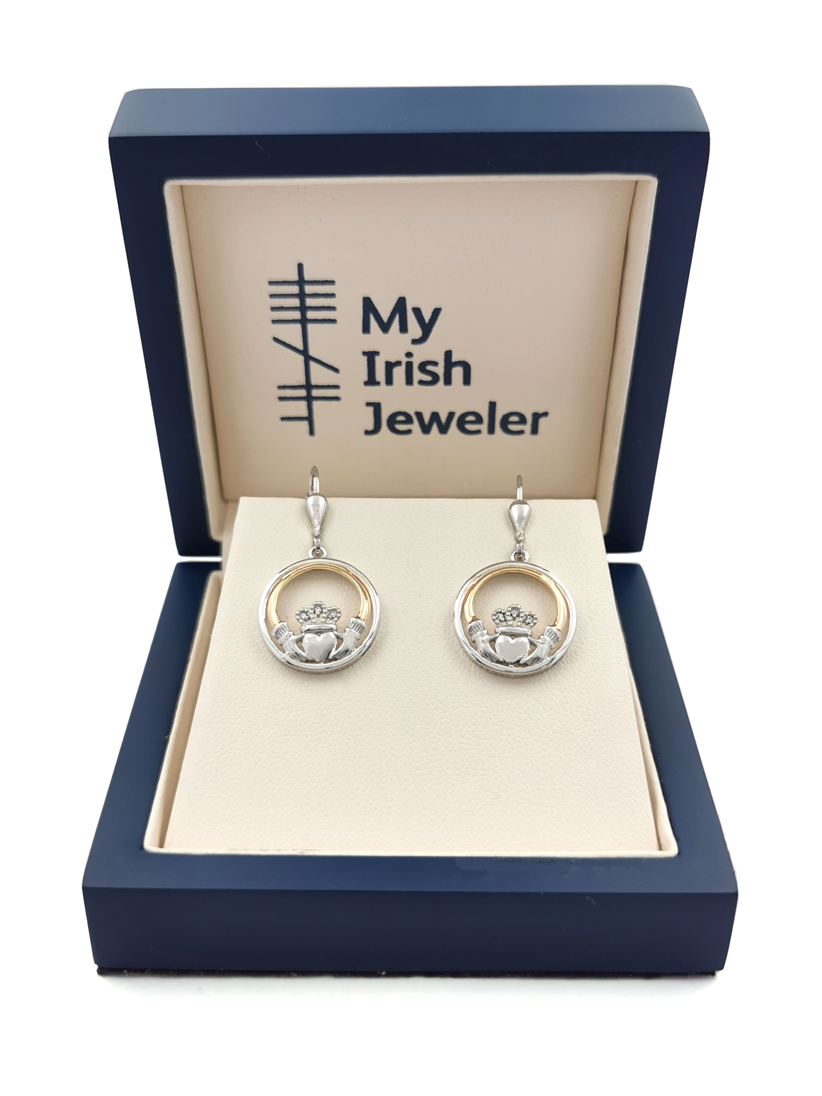 Genuine Sterling Silver & 10K Yellow Gold Claddagh Earrings For Women With a Polished Finish. In Luxury Packaging.
