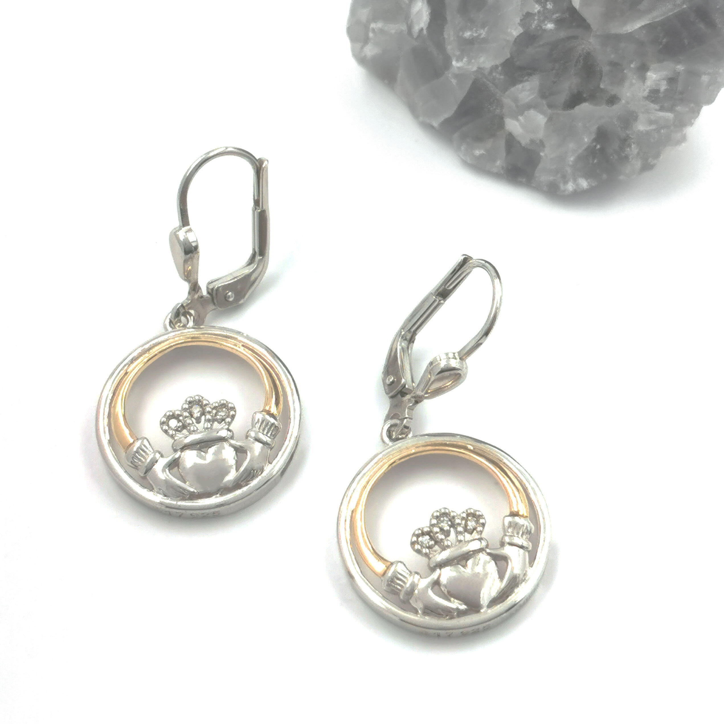 Sterling Silver & 10K Diamond Claddagh Earrings