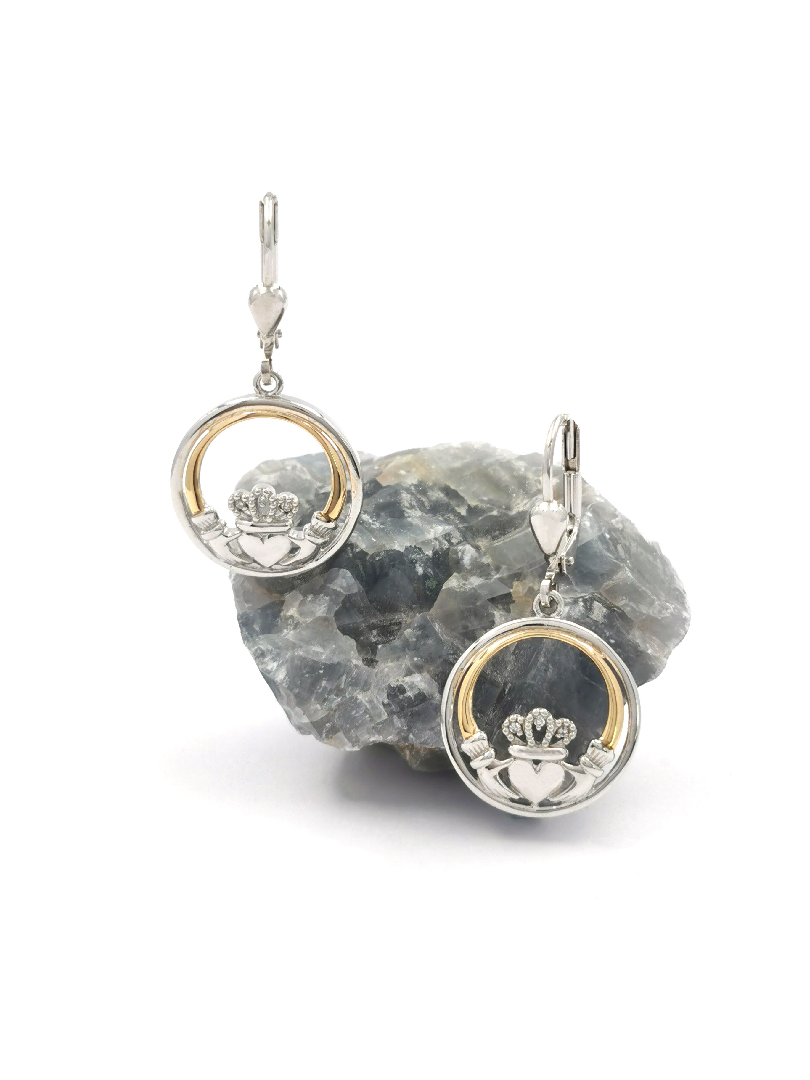 Attractive Sterling Silver & 10K Yellow Gold Claddagh Earrings For Women With a Polished Finish