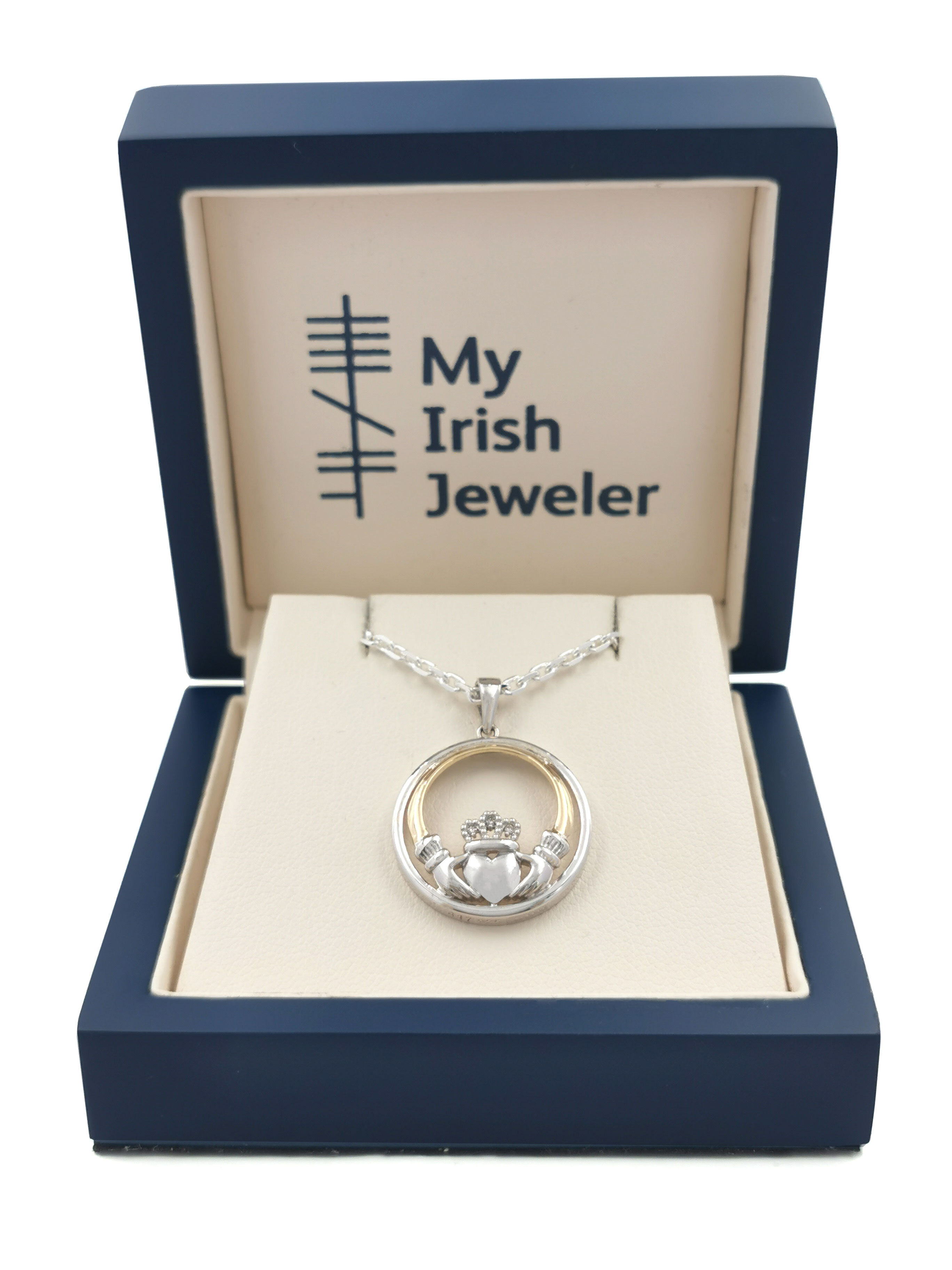 Womens Claddagh Necklace in Sterling Silver & 10K Yellow Gold With a Polished Finish. In Luxury Packaging.
