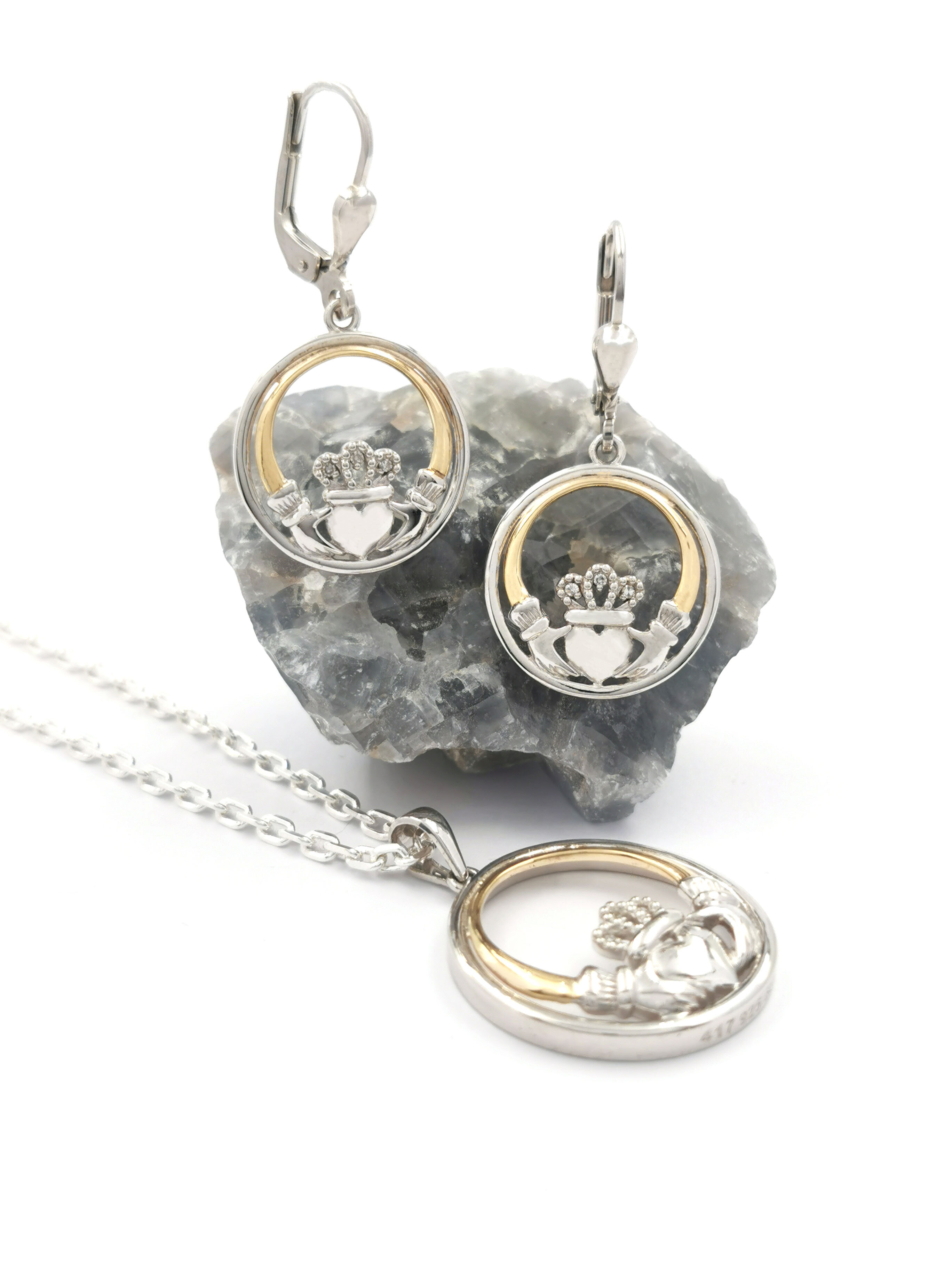 Attractive Sterling Silver & 10K Yellow Gold Claddagh Earrings With a Polished Finish For Women