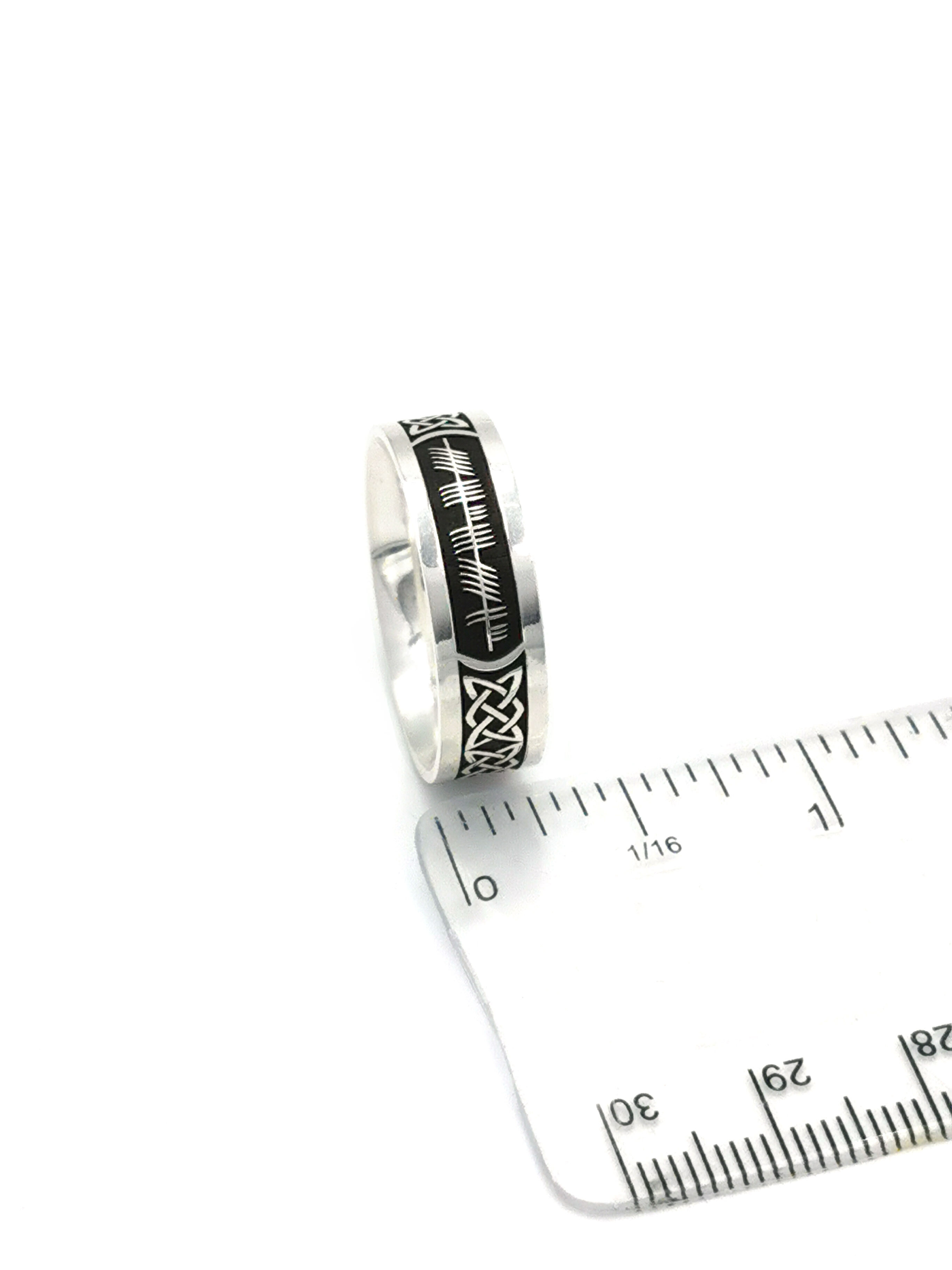 Oxidized Ogham Customizable Wedding Ring in Real Sterling Silver. Picture For Scale.