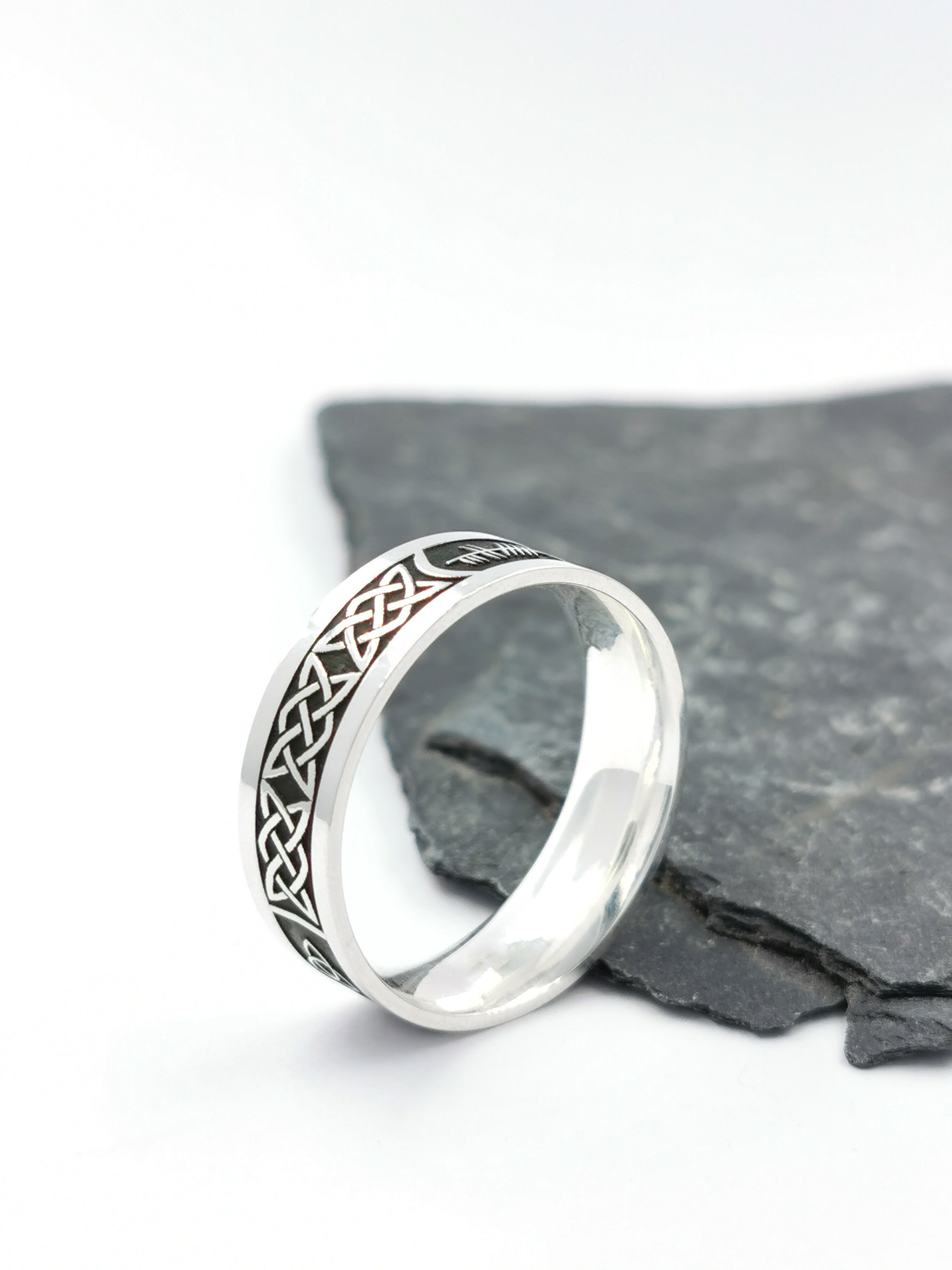 Gorgeous Sterling Silver Ogham & Celtic Knot 7.2mm Ring With a Oxidized Finish. Side View.