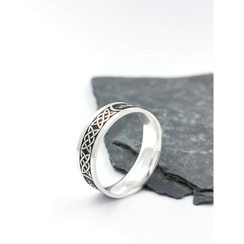 Gorgeous Sterling Silver Ogham & Celtic Knot 7.2mm Ring With a Oxidized Finish. Side View.