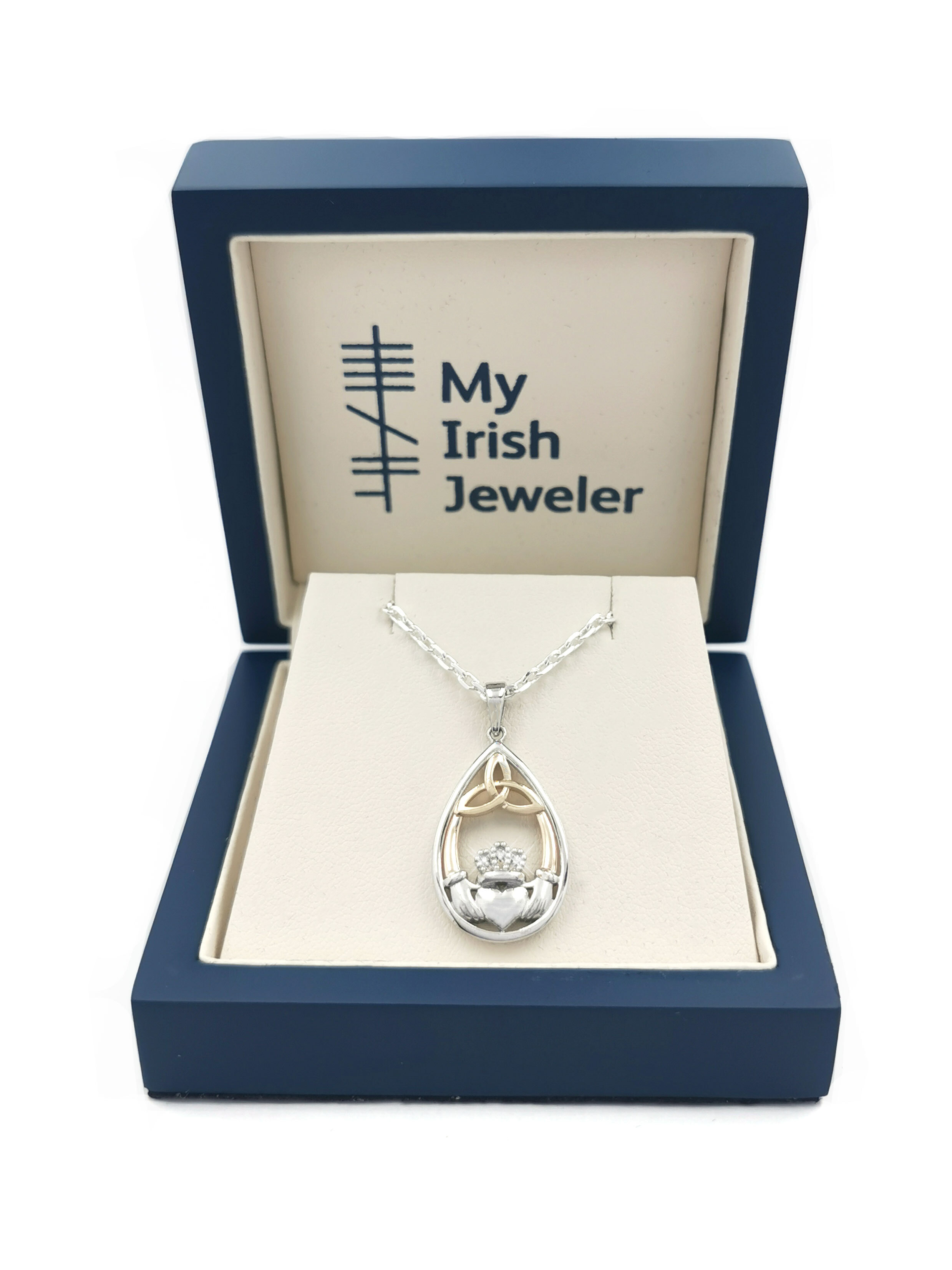 Womens Claddagh & Trinity Knot Necklace in Real Sterling Silver & 10K Yellow Gold. In Luxury Packaging.