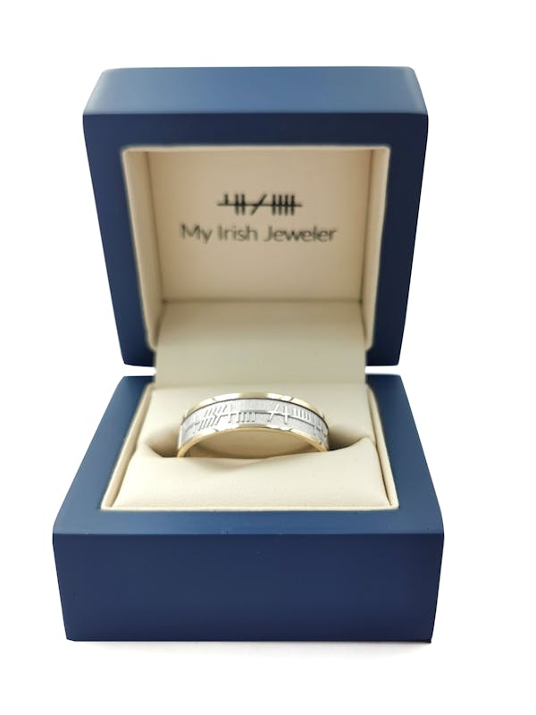 Genuine Sterling Silver & 10K Yellow Gold Mo Anam Cara Wedding Ring With a Florentine Finish For Men. In Luxury Packaging.