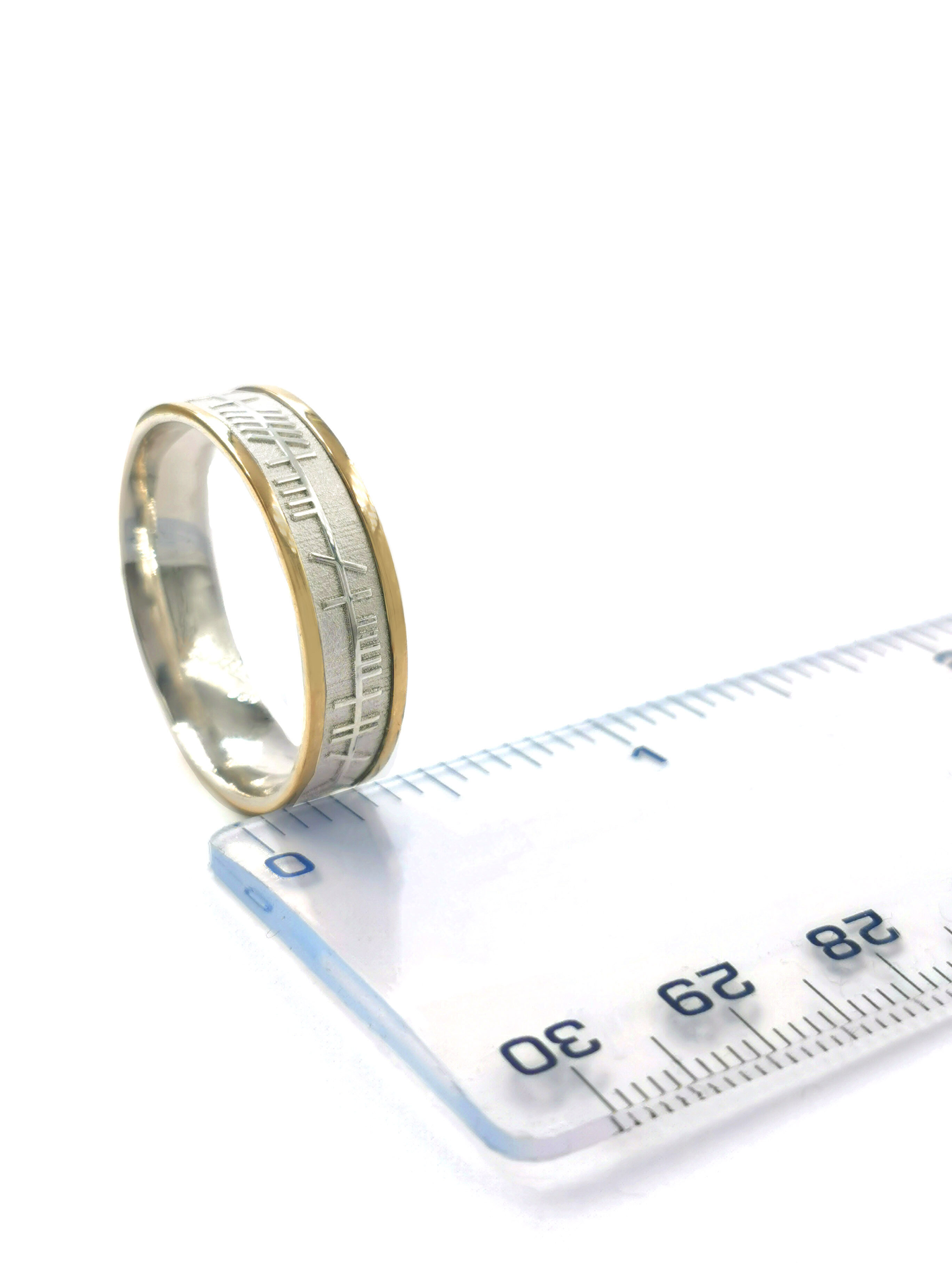 Gorgeous Sterling Silver & 10K Yellow Gold Mo Anam Cara Wedding Ring With a Florentine Finish For Men. Picture For Scale.