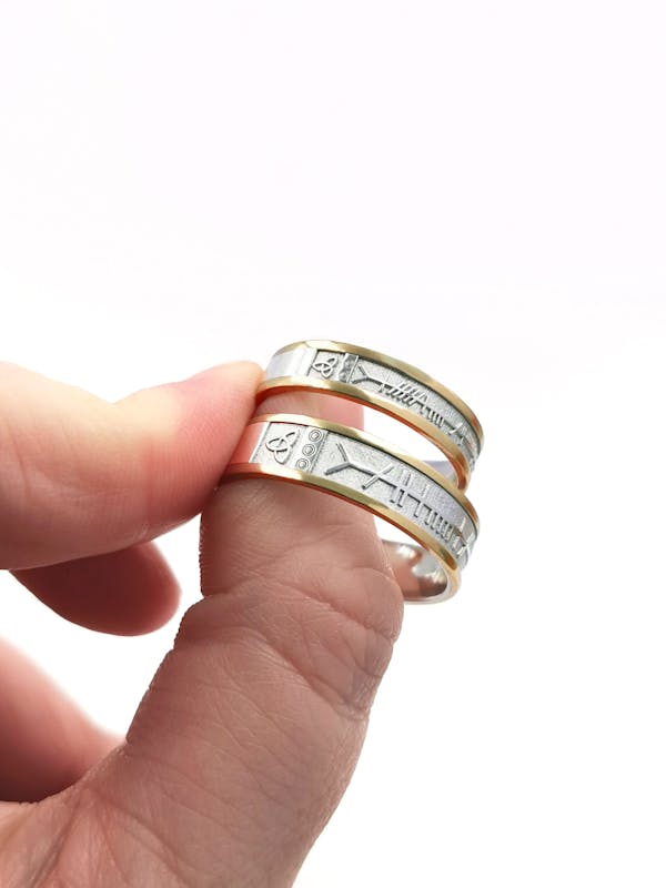 Striking Sterling Silver & 10K Yellow Gold Mo Anam Cara & Ogham Ring For Men With a Florentine Finish