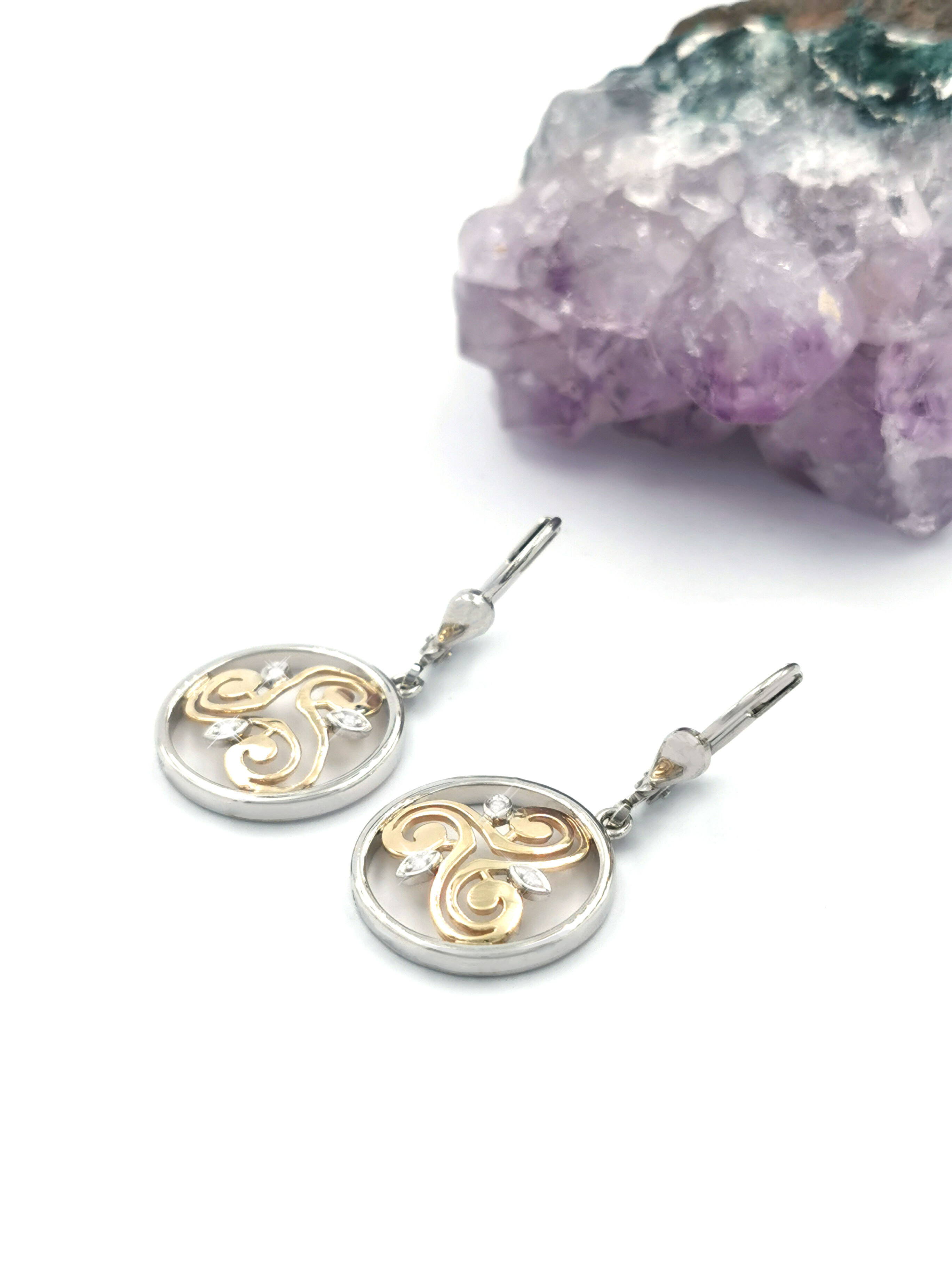 Womens Irish Sterling Silver & 10K Yellow Gold Triskele & Newgrange Earrings. Pictured Flat.