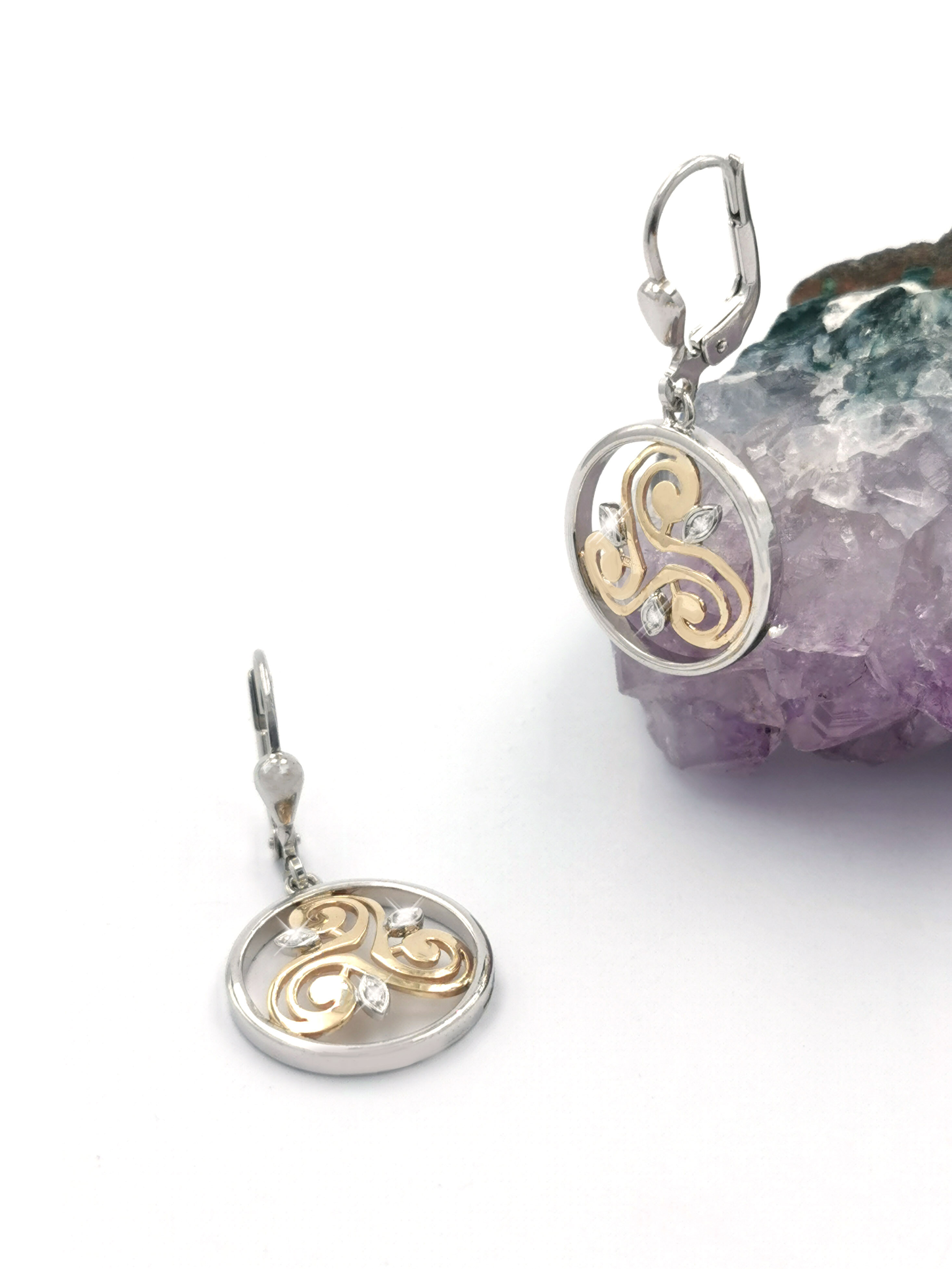 Womens Triskele Earrings in Sterling Silver & 10K Yellow Gold
