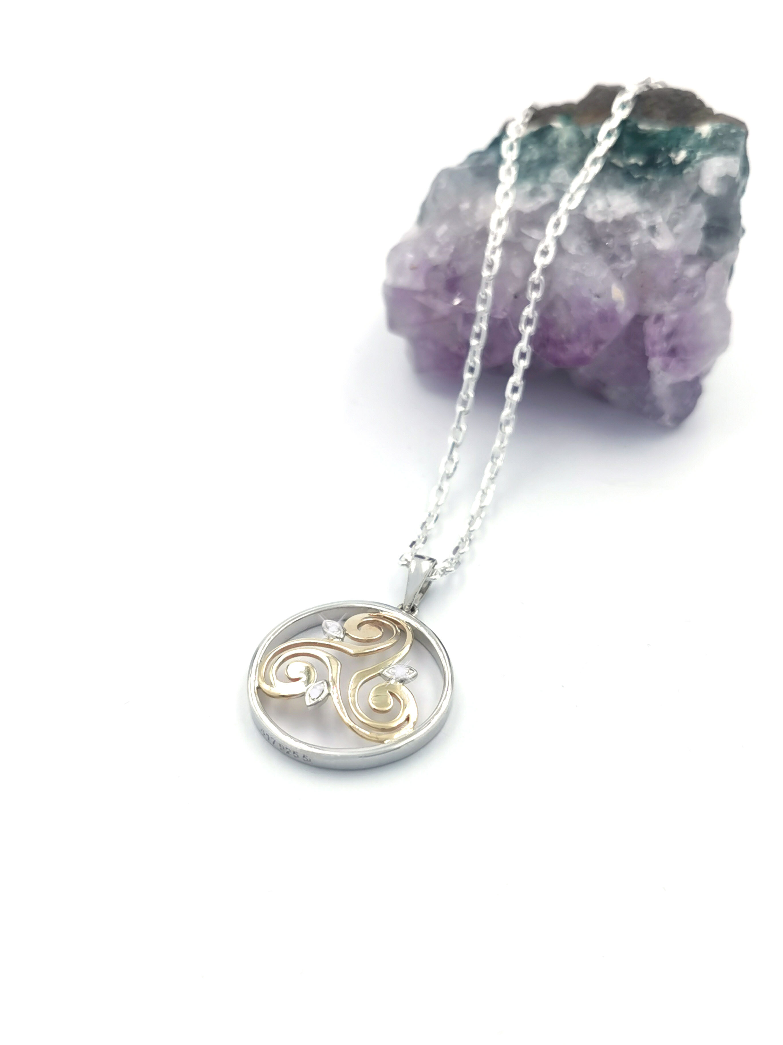 Womens Triskele Necklace in Sterling Silver & 10K Yellow Gold