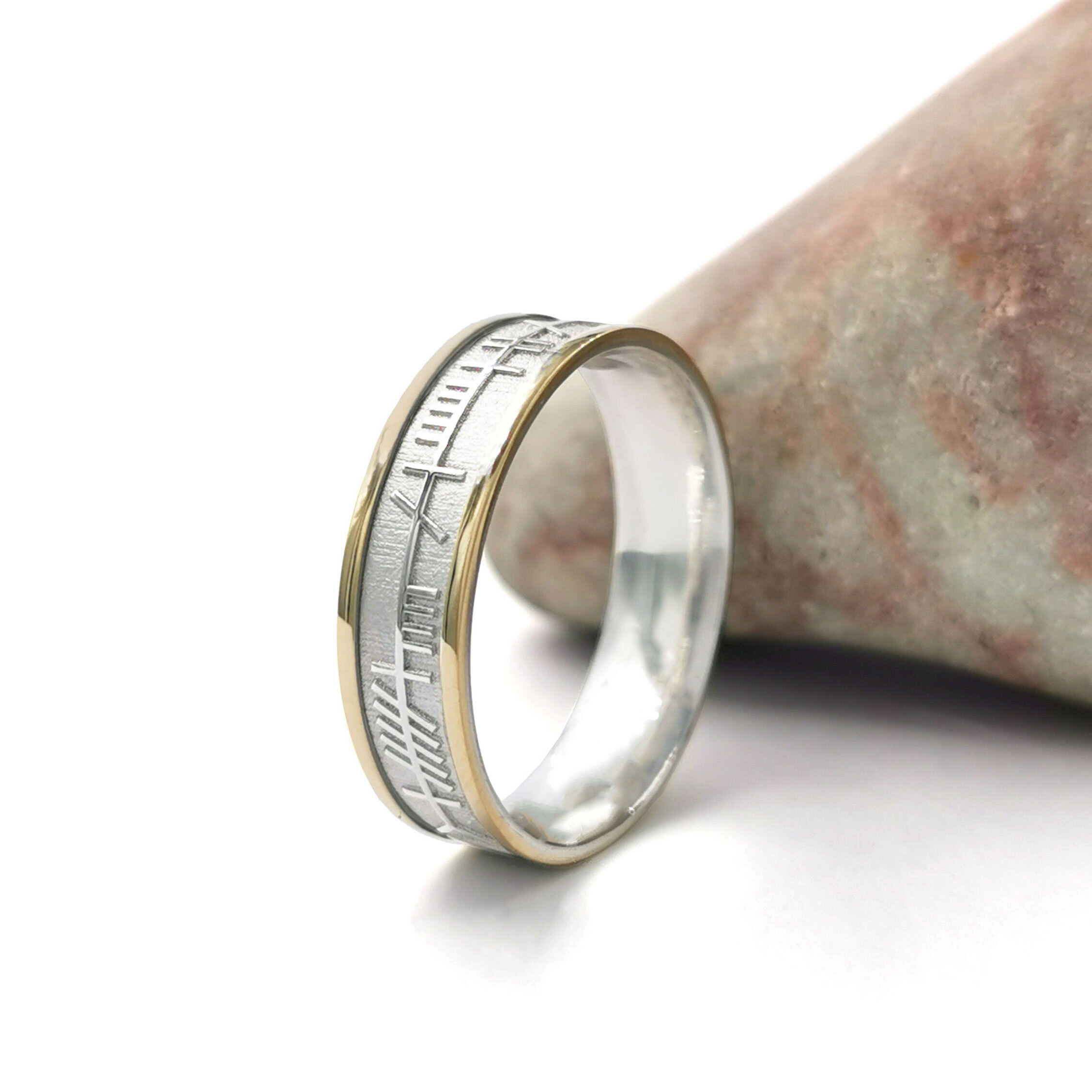 Irish Platinum 600 & Yellow Gold Mo Anam Cara & Ogham Wedding Ring For Women With a Florentine Finish