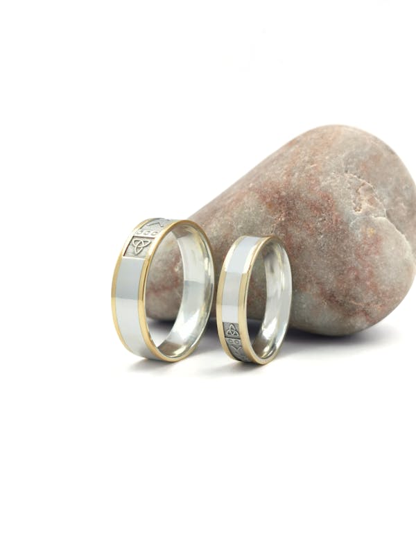 Real Sterling Silver & 10K Yellow Gold Mo Anam Cara 5.0mm Ring With a Florentine Finish For Men. Picture Of The Reverse Side.