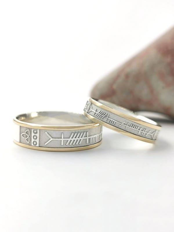 Genuine Sterling Silver & 10K Yellow Gold Mo Anam Cara & Ogham 6.5mm Ring With a Florentine Finish For Men
