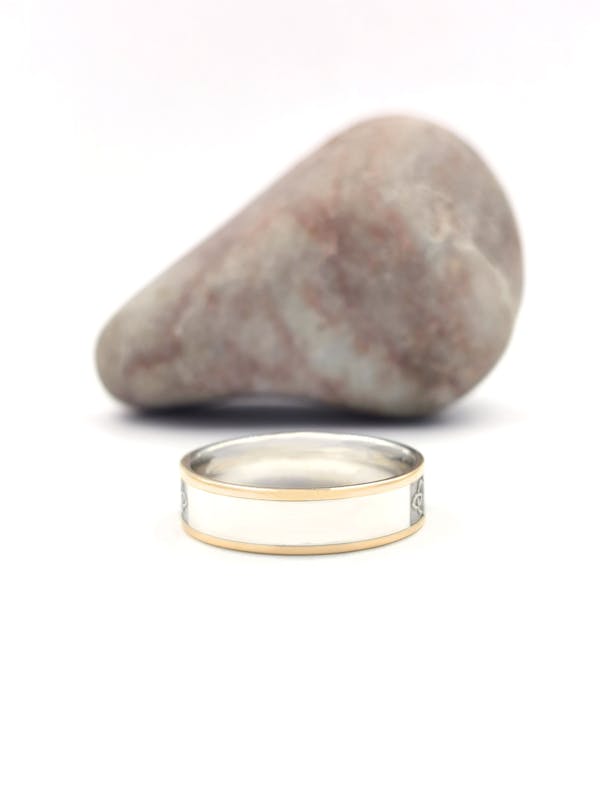 Mens Florentine Sterling Silver & 10K Yellow Gold Mo Anam Cara & Ogham Ring. Picture Of The Reverse Side.