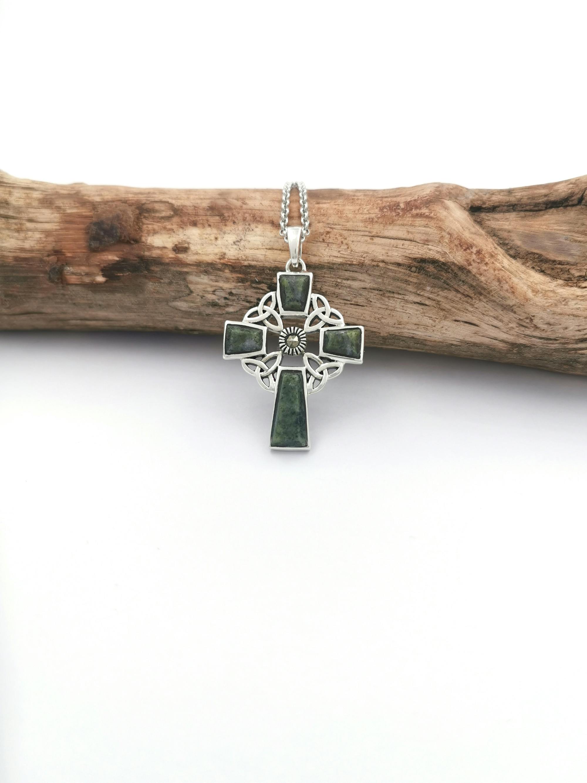 Silver Connemara Marble Celtic Knot Cross Necklace, From Ireland