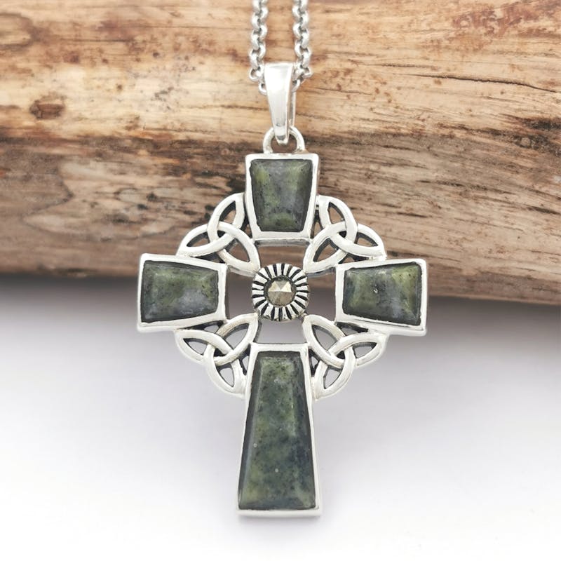 Silver Connemara Marble Celtic Knot Cross Pendant Made In Ireland