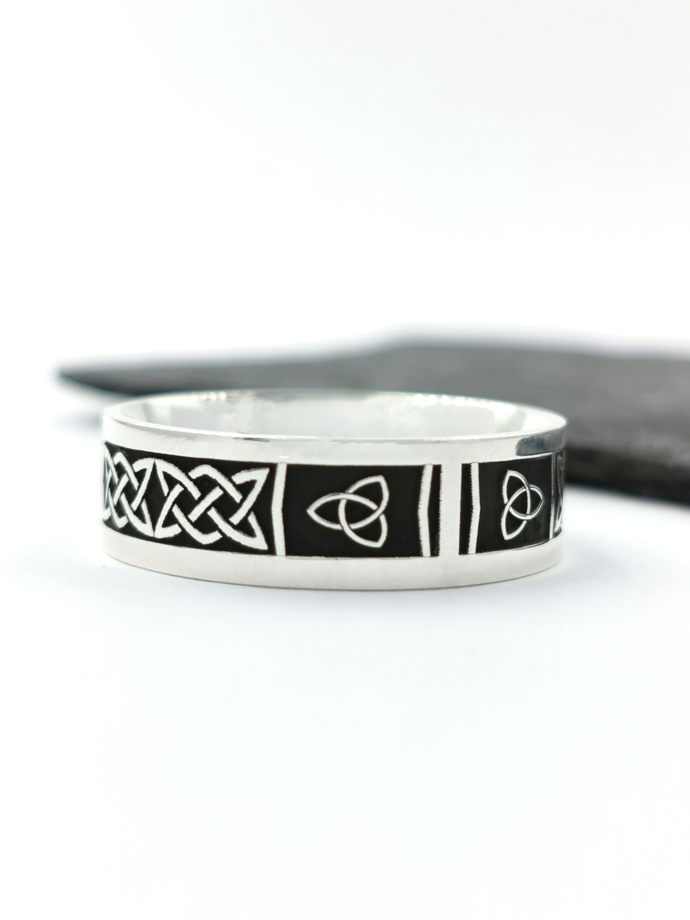 Striking Sterling Silver Ogham Wedding Ring With a Oxidized Finish. Side View.