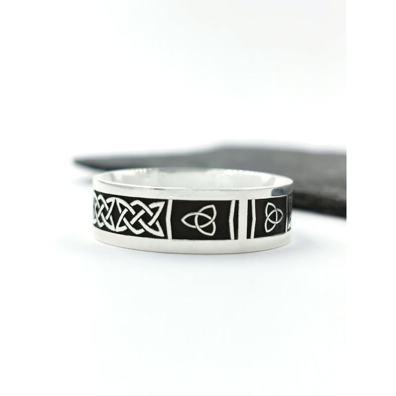 Striking Sterling Silver Ogham Wedding Ring With a Oxidized Finish. Side View.