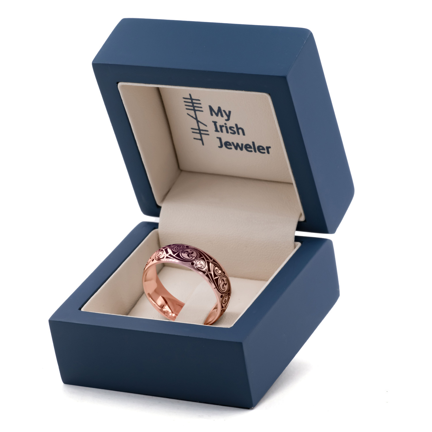 Luxurious Rose Gold Triskele 7.0mm Ring With a Cerin Finish. In Luxury Packaging.