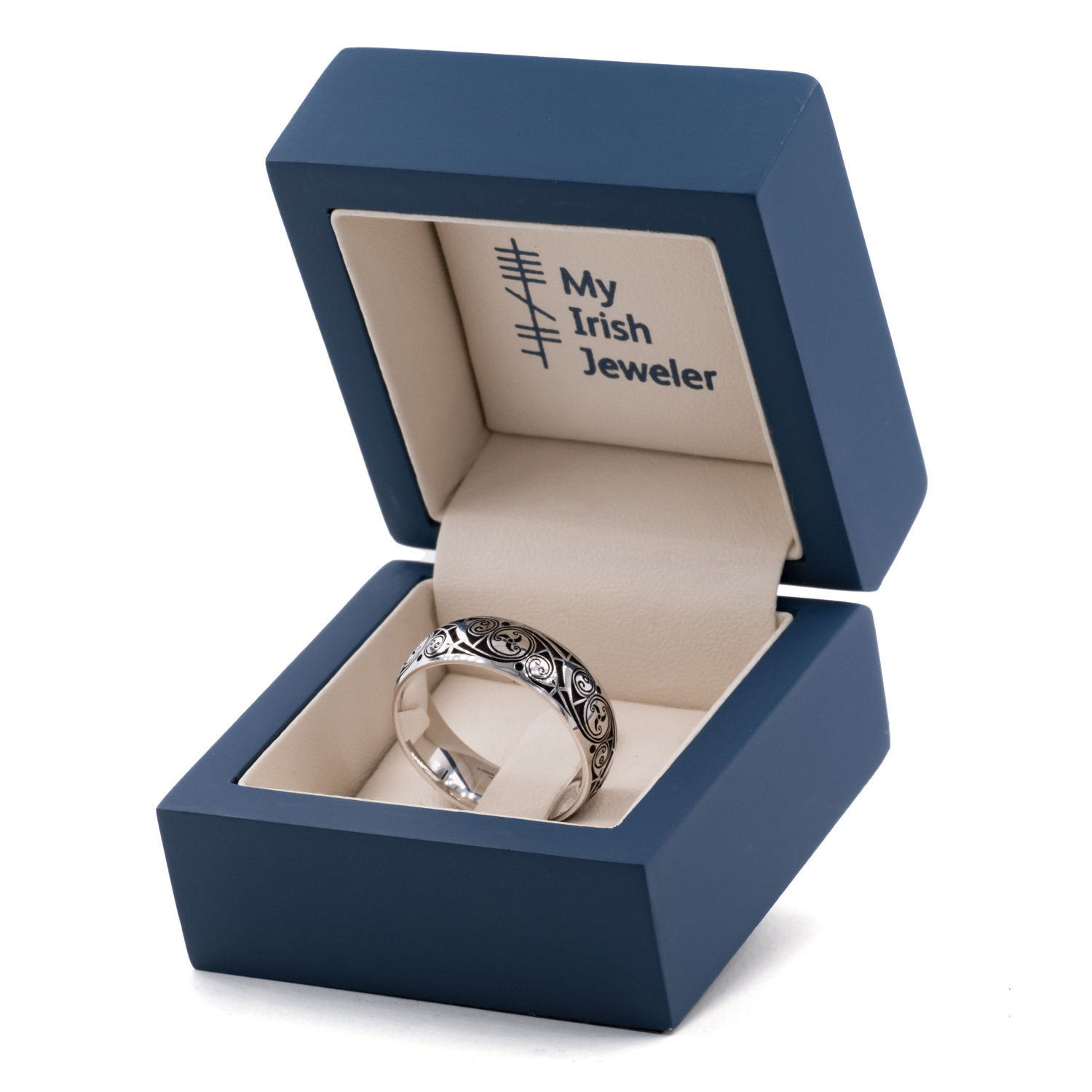 Authentic Platinum 950 Triskele 7.0mm Ring With a Cerin Finish. In Luxury Packaging.