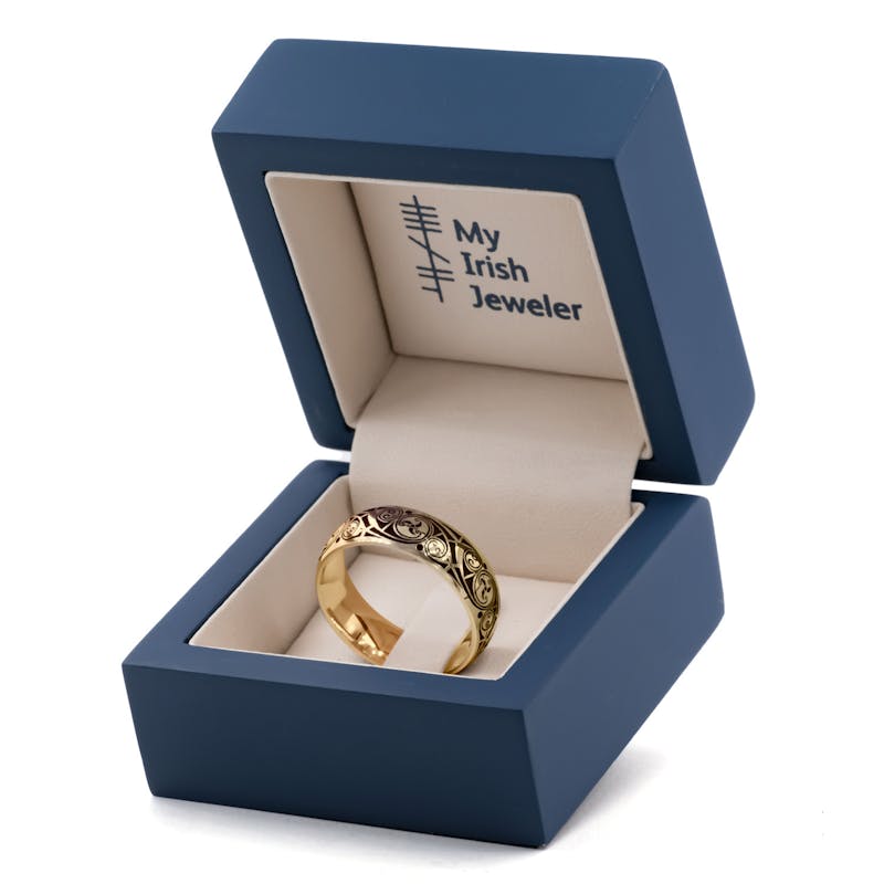 Irish Yellow Gold Triskele 4.0mm Ring With a Cerin Finish. In Luxury Packaging.