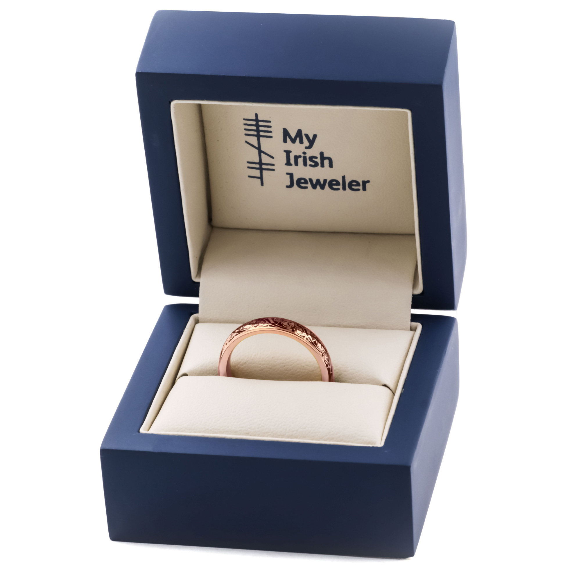 Irish Rose Gold Triskele 4.0mm Ring With a Cerin Finish For Women. In Luxury Packaging.