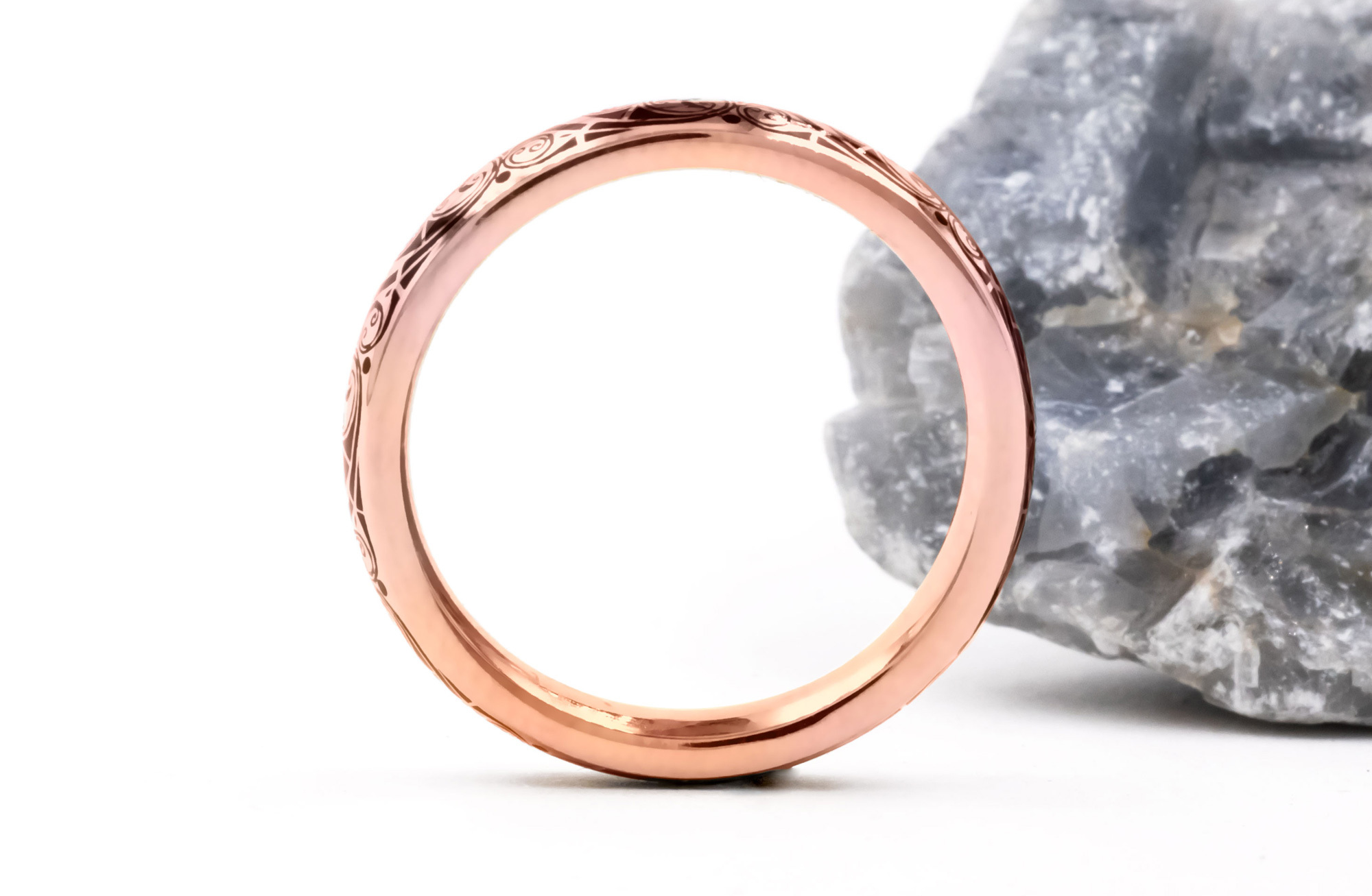 Attractive 18K Rose Gold Triskele Ring For Women With a Cerin Finish. Side View.