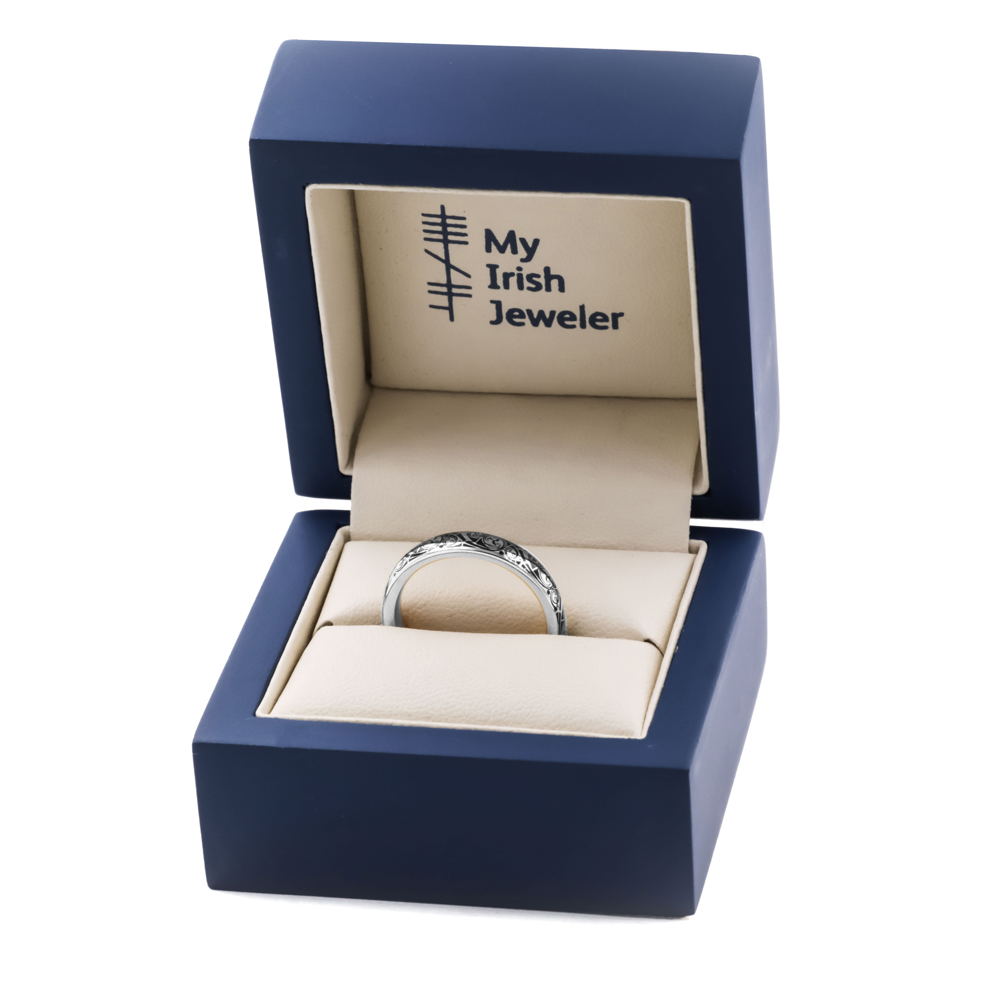 Authentic Platinum 950 Triskele 4.0mm Ring For Women With a Cerin Finish. In Luxury Packaging.