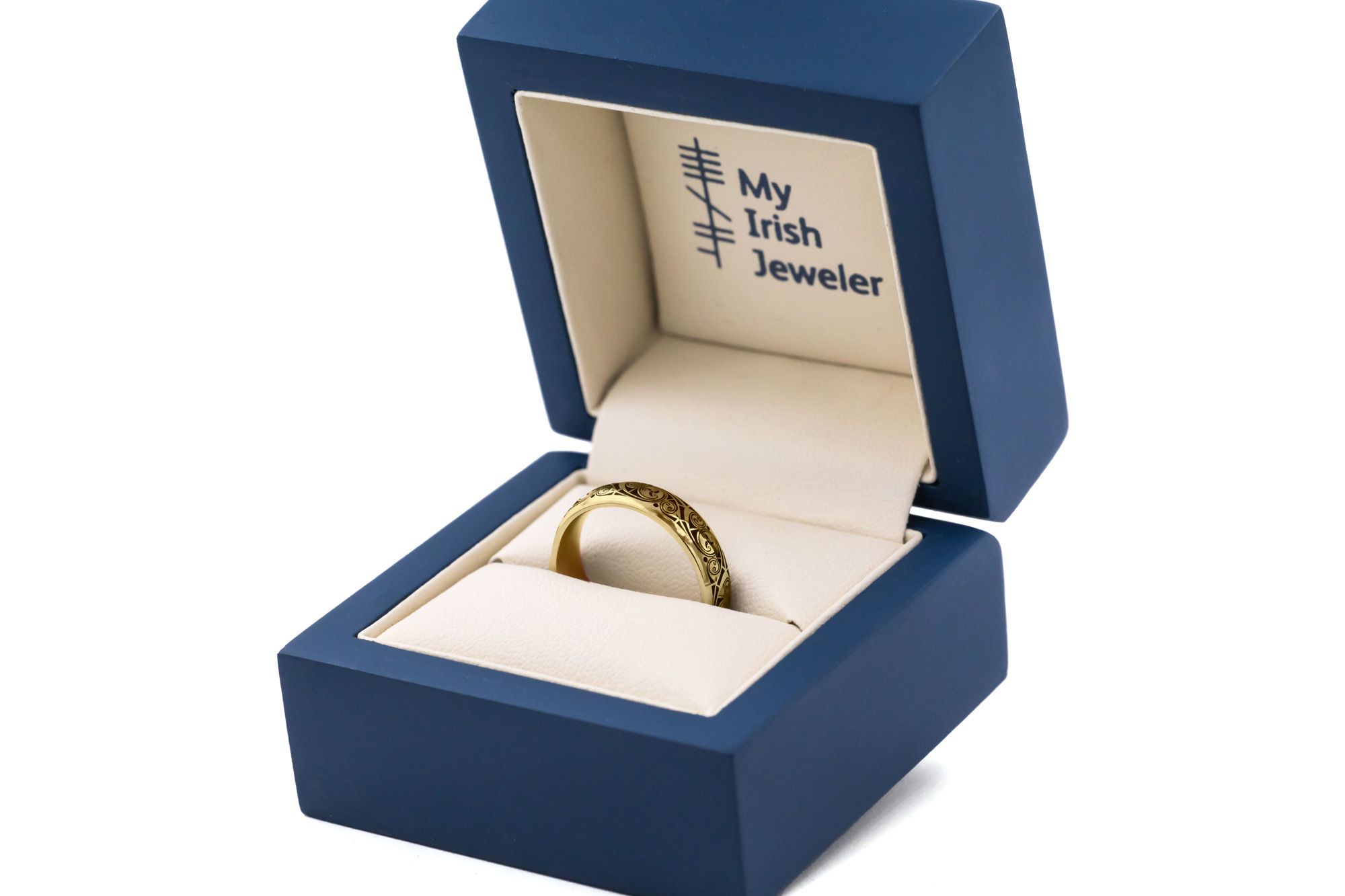 Luxurious Yellow Gold Triskele 5.0mm Ring With a Cerin Finish. In Luxury Packaging.