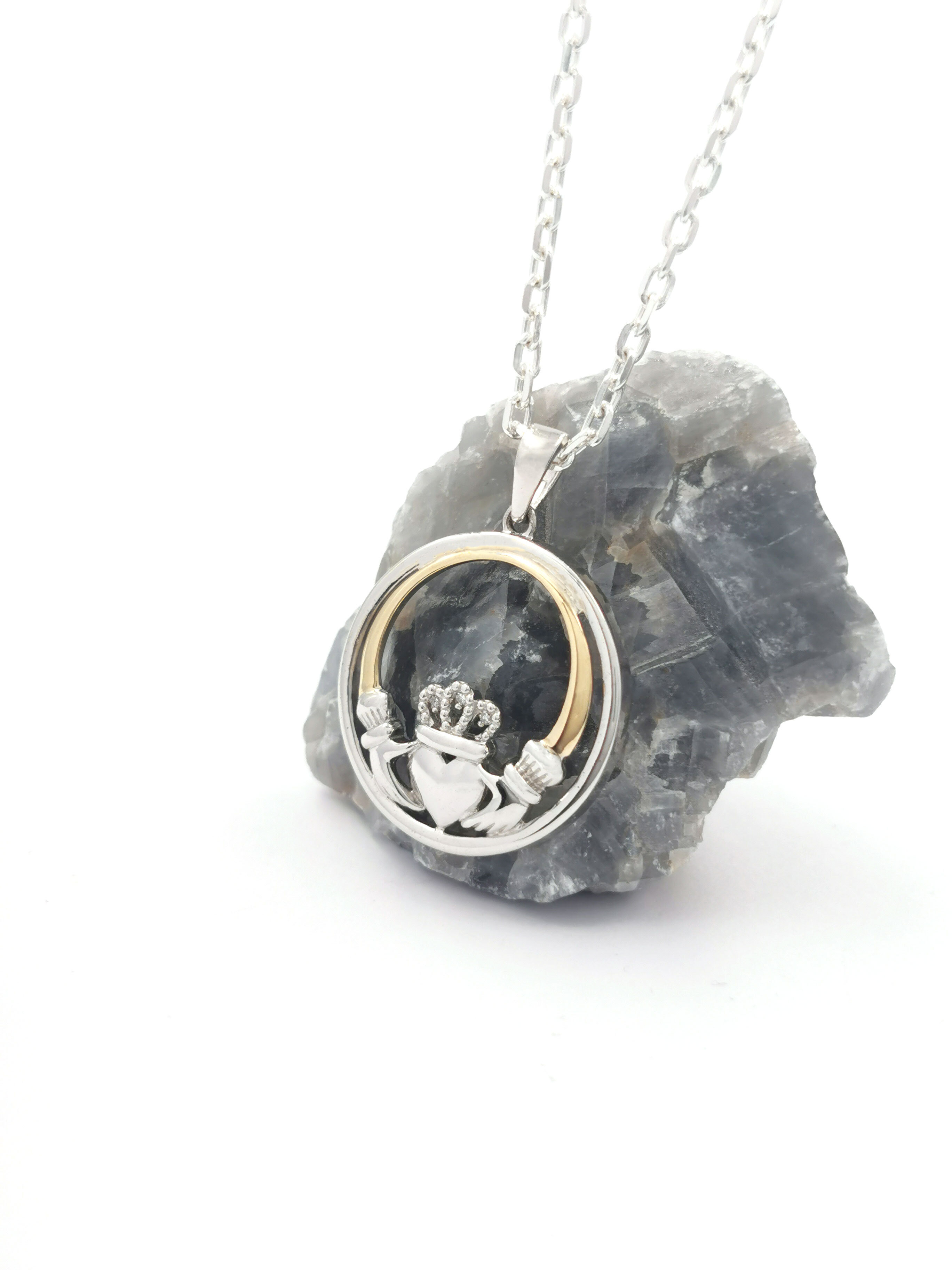 Womens Claddagh Necklace in Sterling Silver & 10K Yellow Gold With a Polished Finish