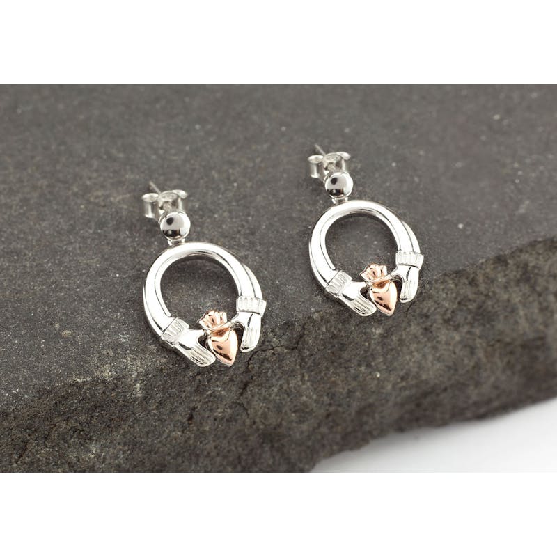 Womens Claddagh & Irish Gold Earrings in Real Sterling Silver & 10K Rose Gold