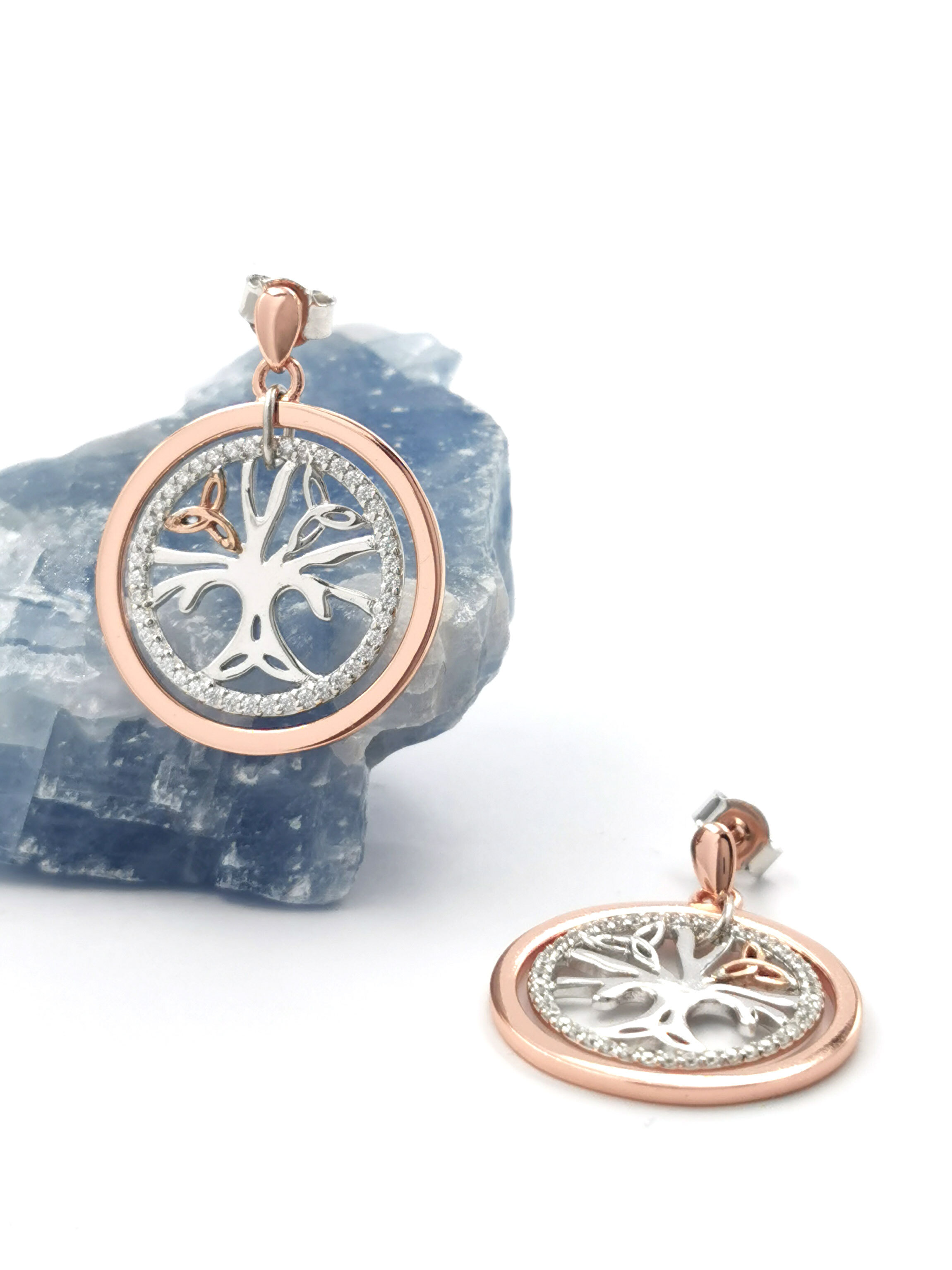 Striking Sterling Silver & 10K Rose Gold Tree of Life Earrings For Women