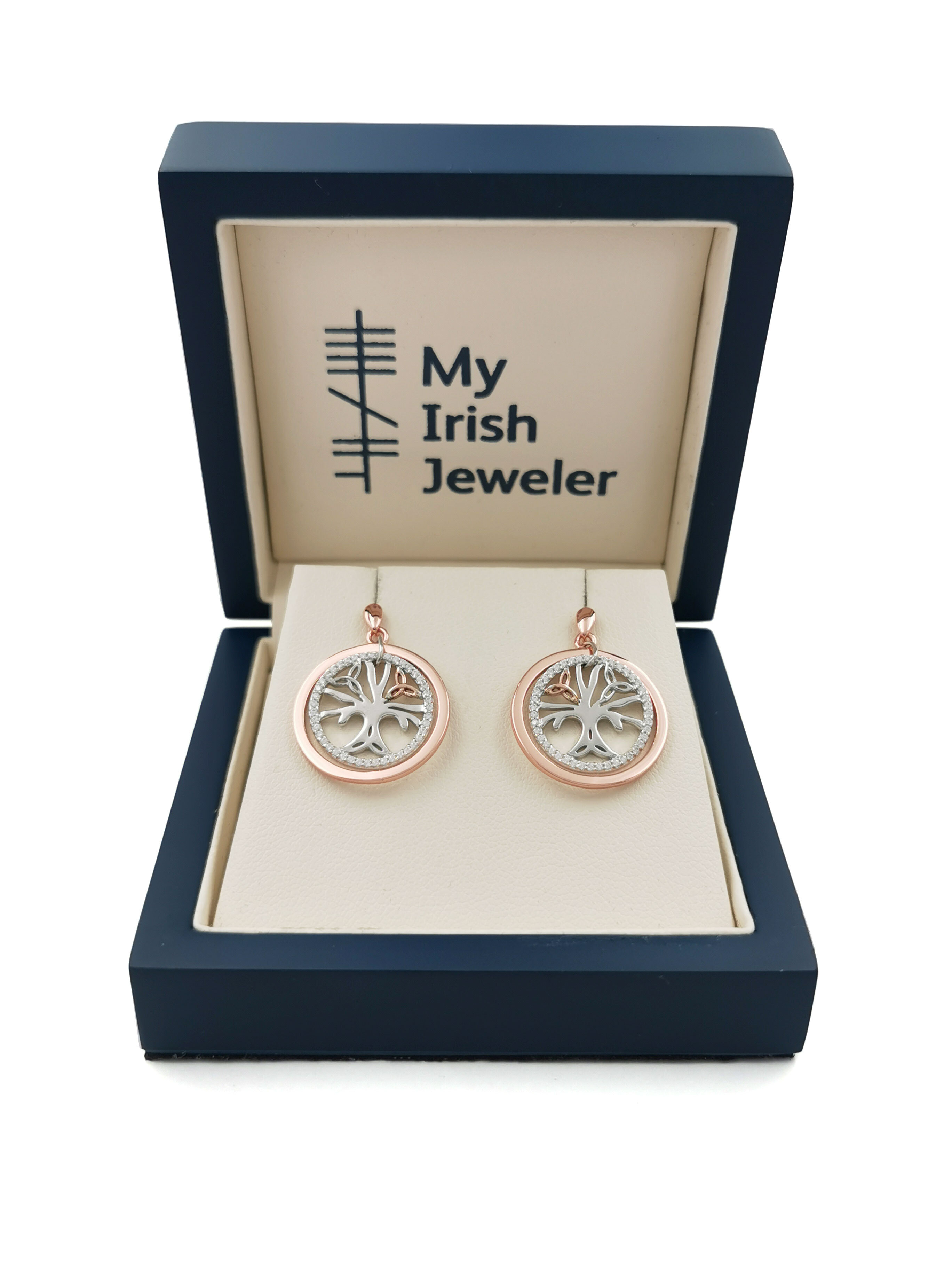 Authentic Sterling Silver & 10K Rose Gold Tree of Life & Irish Gold Earrings For Women. In Luxury Packaging.