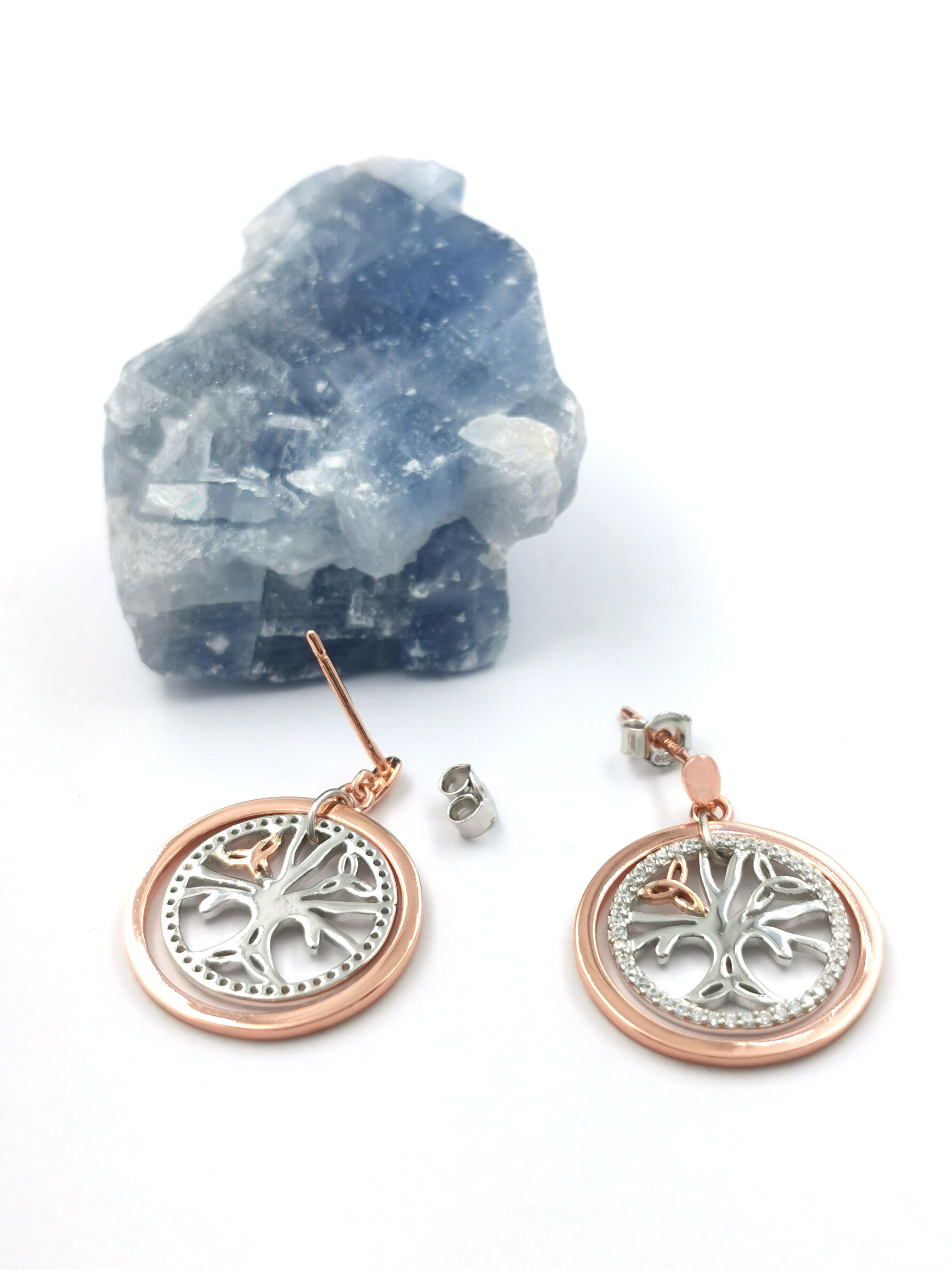 Gorgeous Sterling Silver & 10K Rose Gold Tree of Life & Irish Gold Earrings For Women. Picture Of The Back.