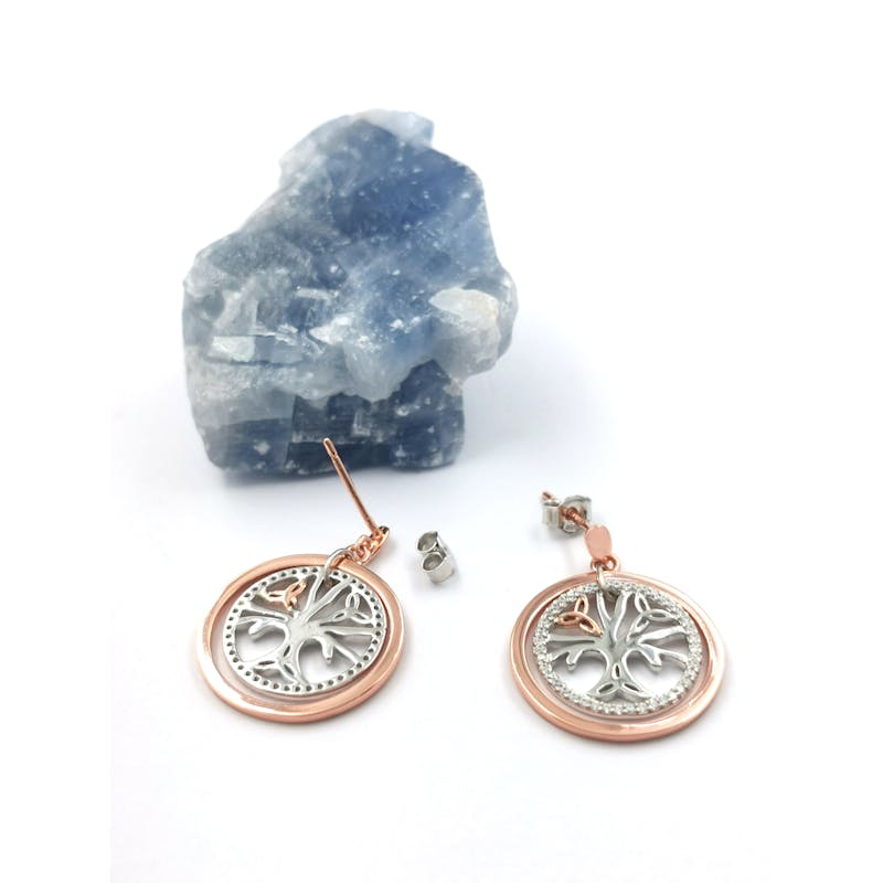 Gorgeous Sterling Silver & 10K Rose Gold Tree of Life & Irish Gold Earrings For Women. Picture Of The Back.