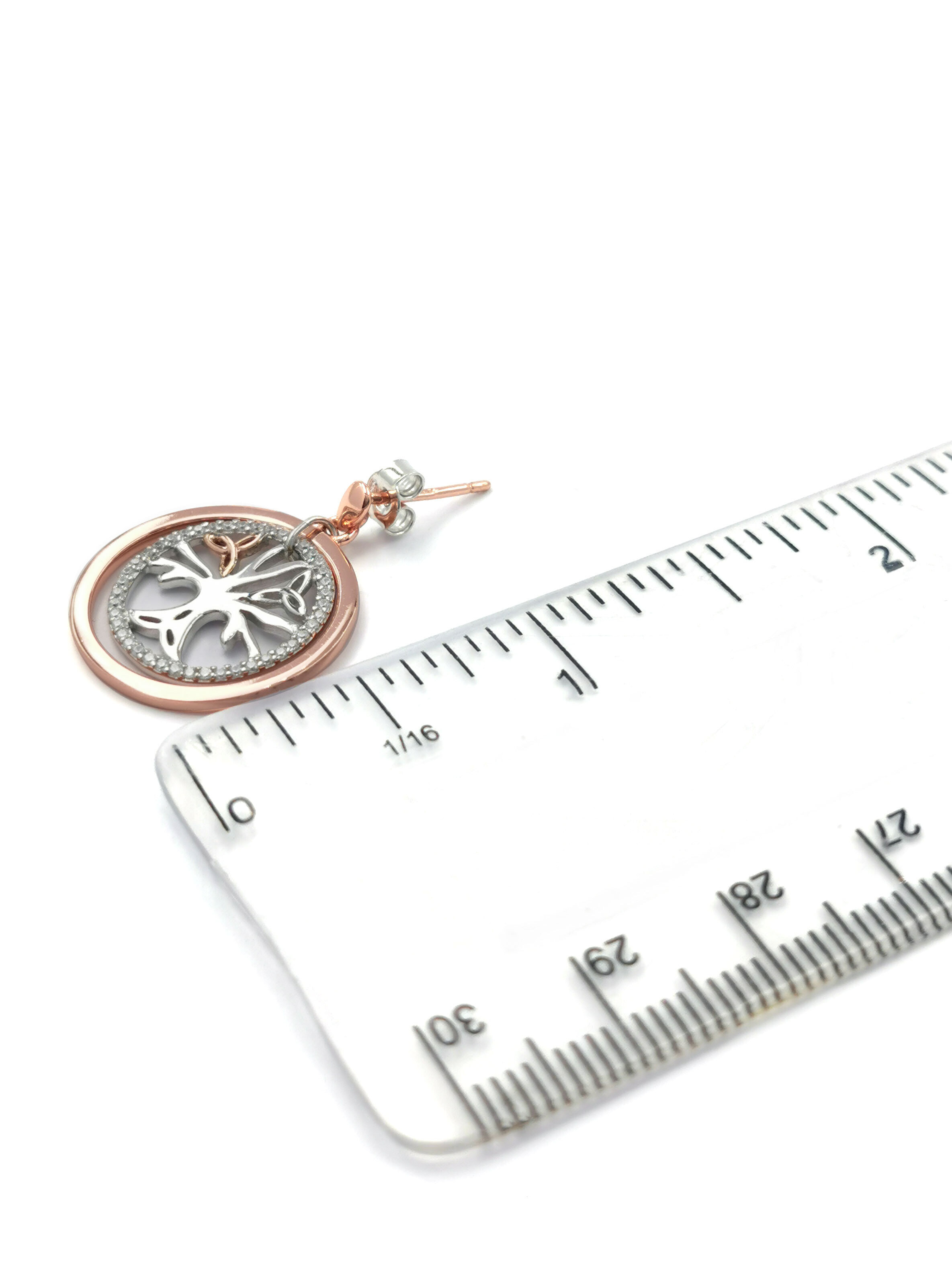 Irish Sterling Silver & 10K Rose Gold Tree of Life & Irish Gold Earrings For Women. Picture For Scale.