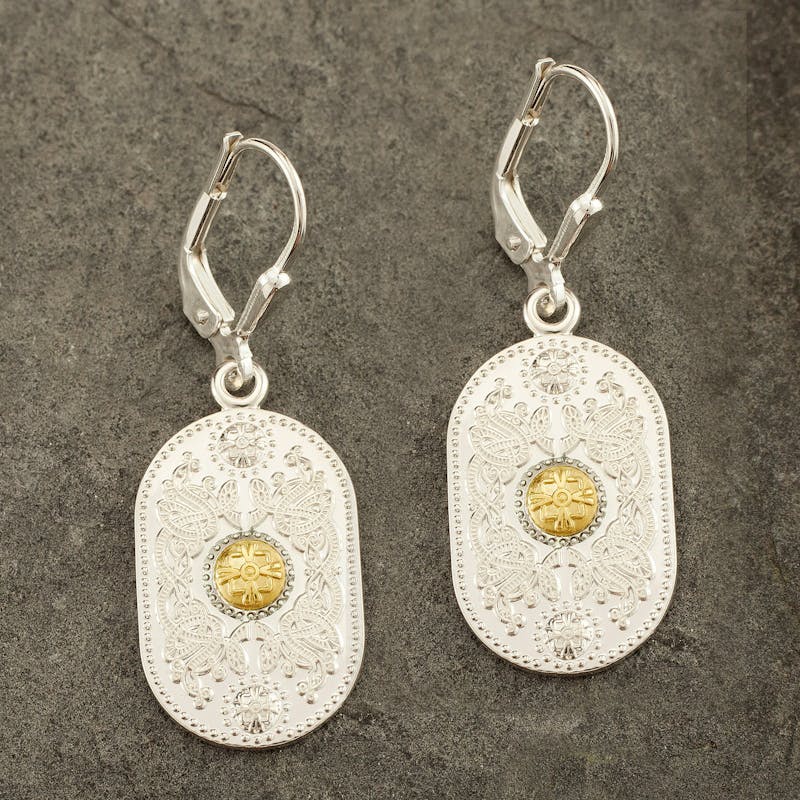 Irish Sterling Silver & 10K Yellow Gold Ardagh Chalice & Celtic Warrior Earrings For Women