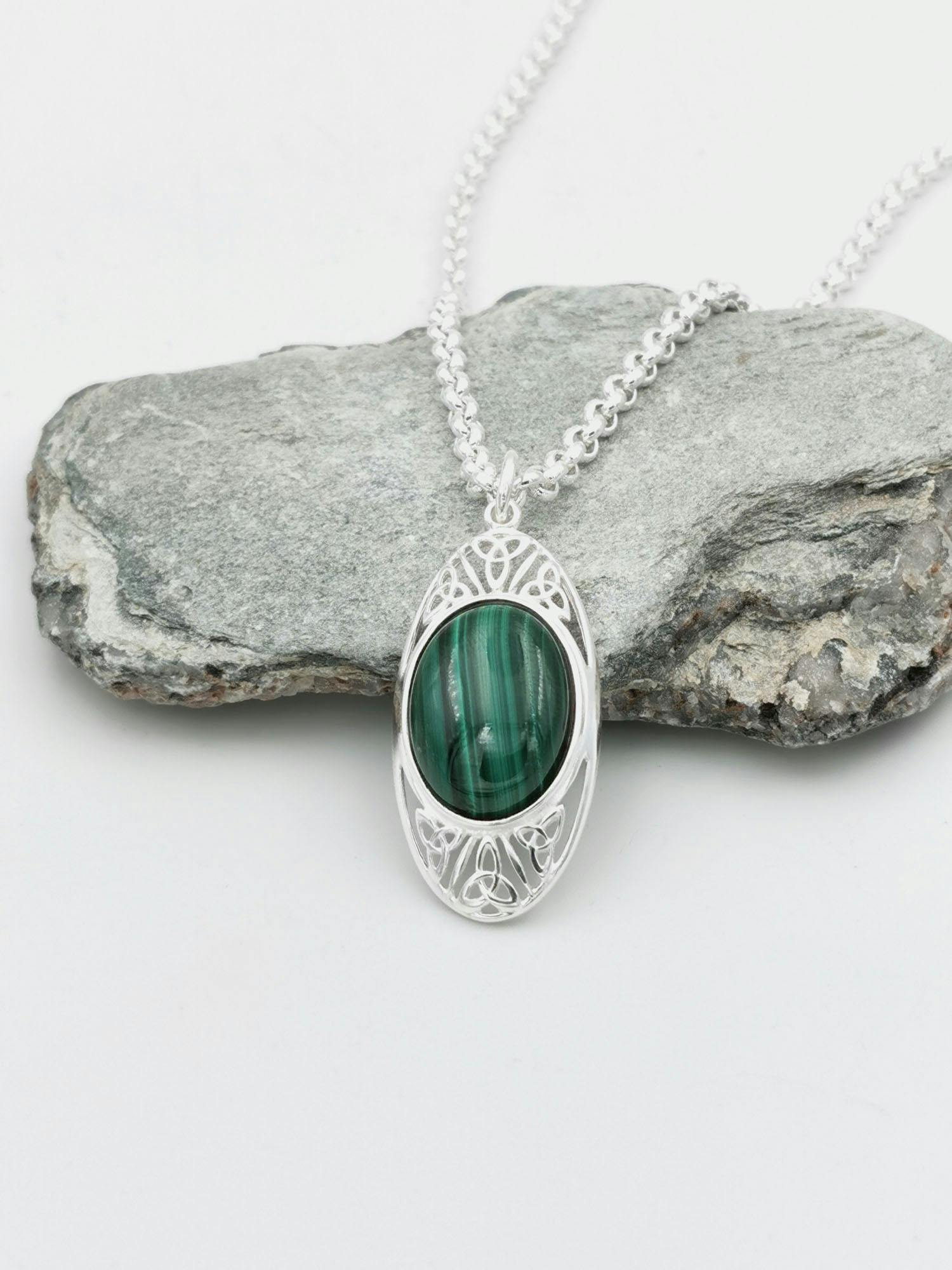 Sterling Silver Oval Banded Malachite Trinity Knot… | My Irish Jeweler