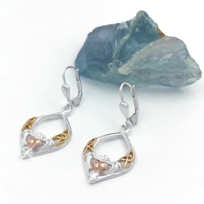 Sterling Silver CZ and Two Tone Gold Claddagh Trinity Knot Earrings