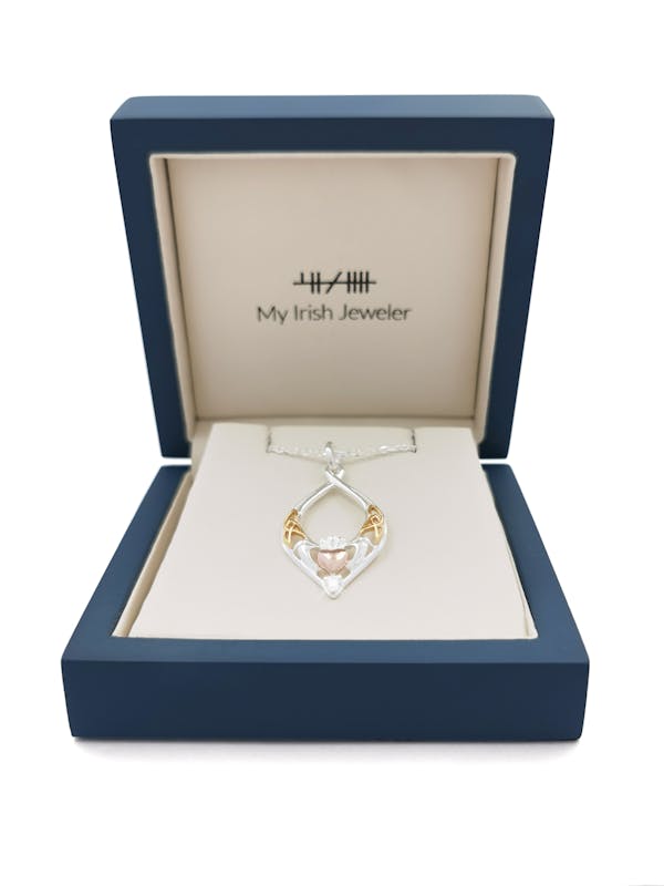 Womens Attractive Sterling Silver Claddagh & Trinity Knot Necklace. In Luxury Packaging.