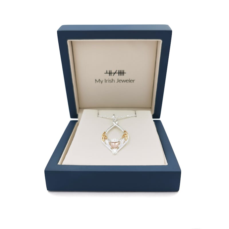 Womens Attractive Sterling Silver Claddagh & Trinity Knot Necklace. In Luxury Packaging.