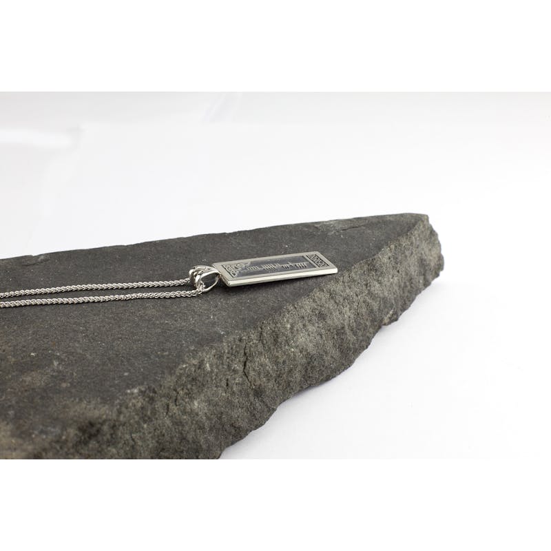 Striking Sterling Silver Personalizable Ogham Necklace With a Oxidized Finish. Side View.