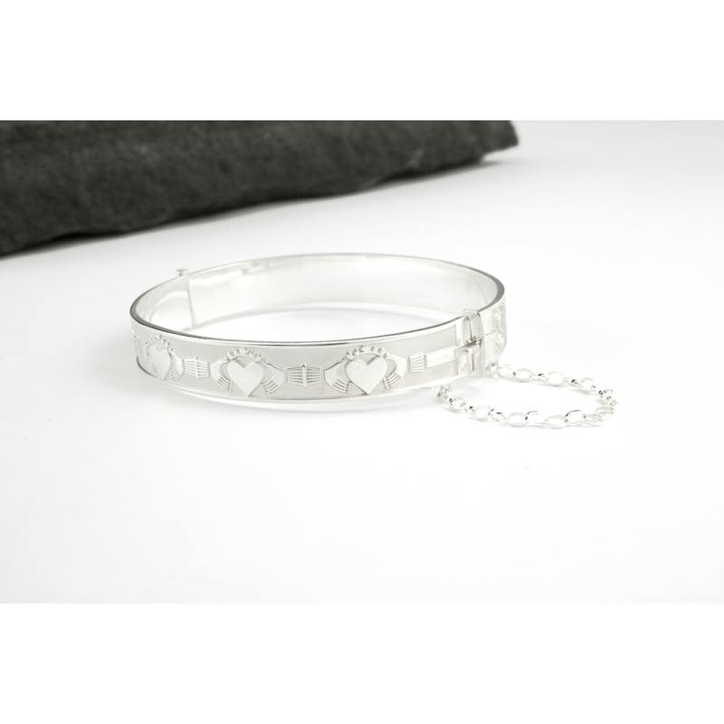 Irish Claddagh Hinged Bangle Bracelet - Sterling Silver 925, Ladies 7.5 Inch, With Gift Box