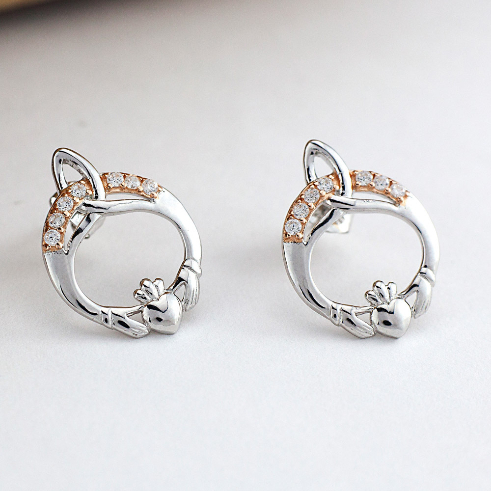Sterling Silver And Rose Gold Plate Trinity Knot Claddagh Stud Earrings