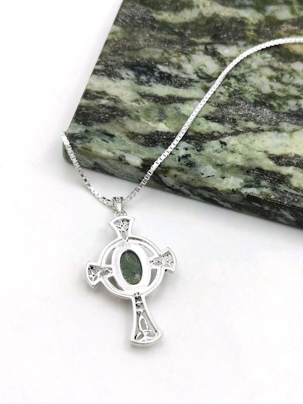 Womens Celtic Cross & Connemara Marble Necklace in Sterling Silver. Picture Of The Back.