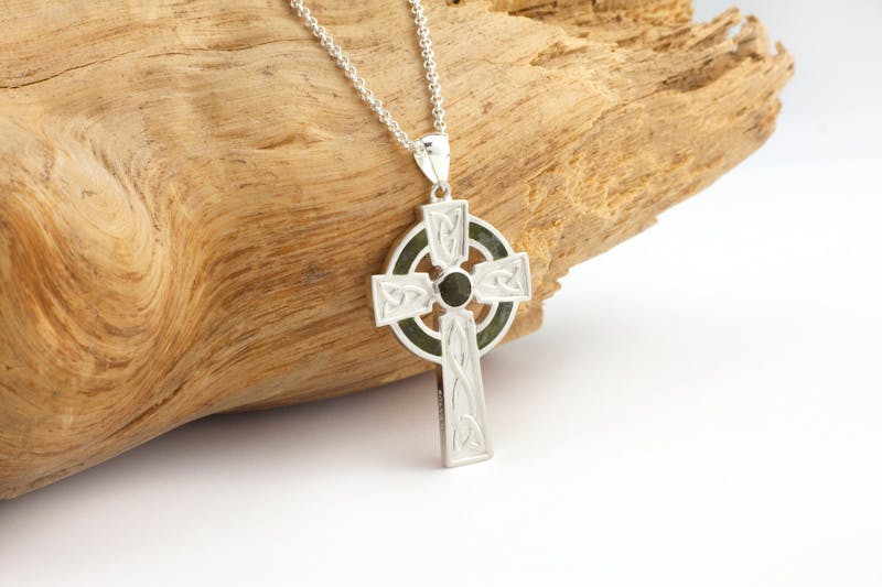 Celtic Cross & Connemara Marble - Shown with Light Cable Chain