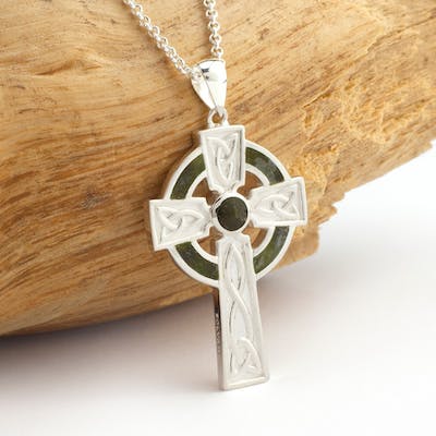 Silver Connemara Marble Set Celtic Cross Pendant - 2 Sizes