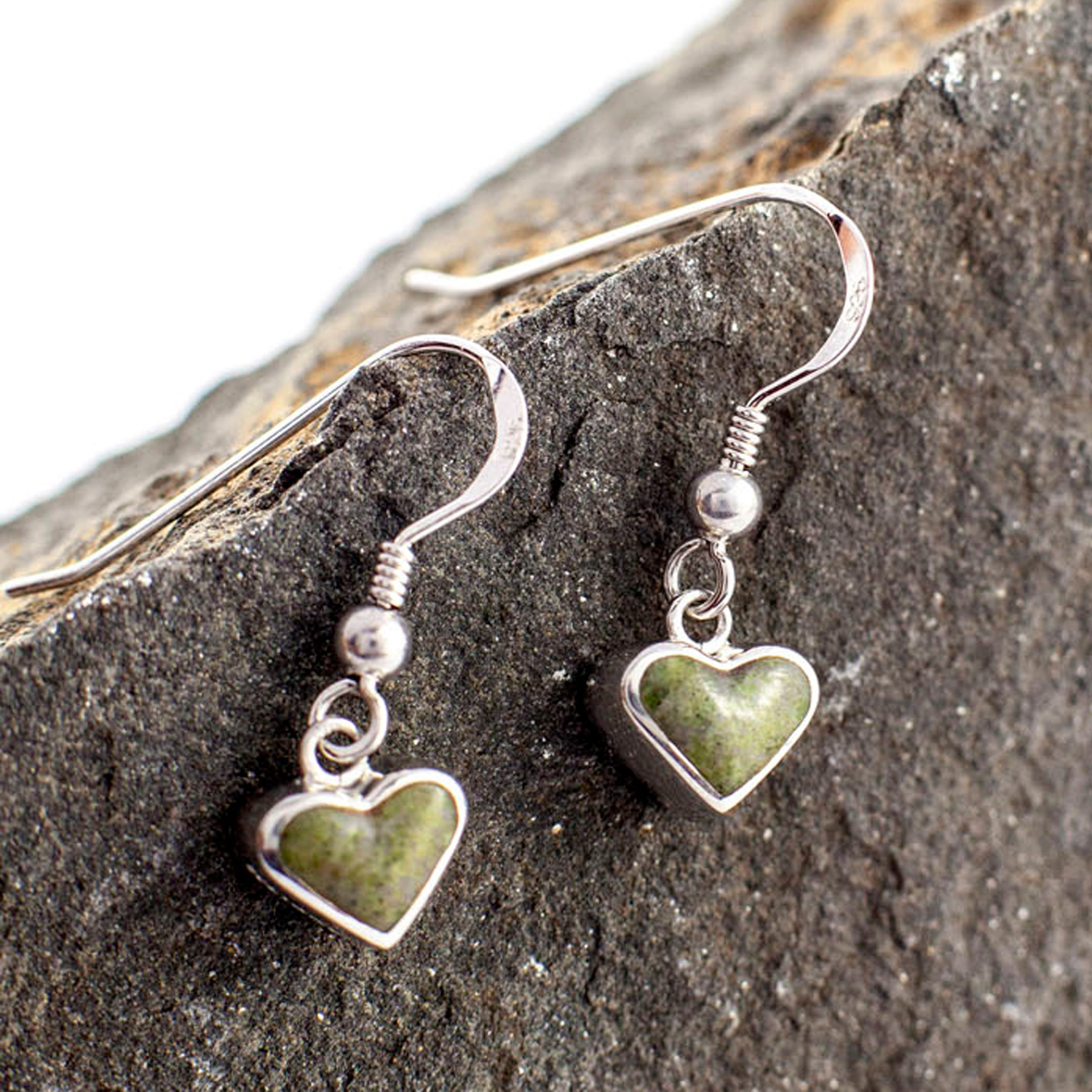 IRELAND Sterling Silver Connemara Marble Earrings 925 Heart Earrings, Green Stone 925 Green popular Connemara Earrings, Heart Jewelry, Green Dangle