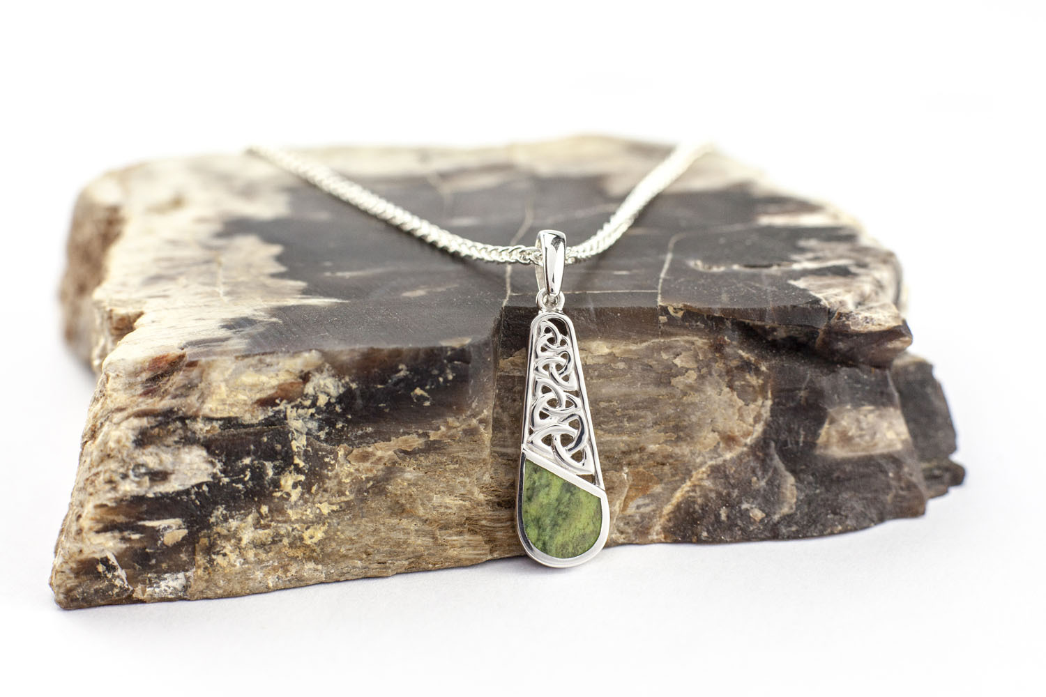 Trinity Knot & Connemara Marble - Shown with Wheat Chain